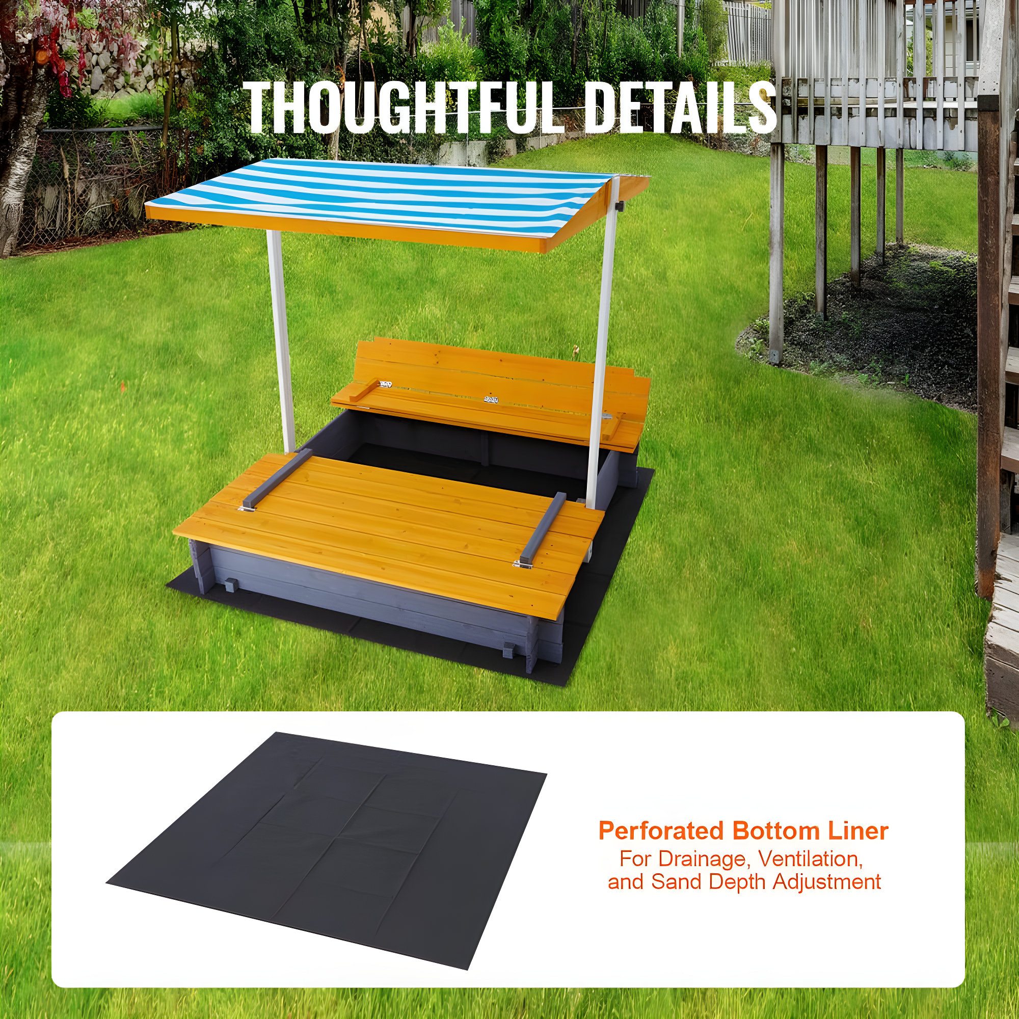 VEVOR Wooden Sandbox with Canopy, Sandpit with Foldable Bench Seats and Bottom Liner, Height Adjustable Roof, Gift for Ages 3-12 Years Old Backyard Garden Easy Assembly (57.3 x 47.2 x 47.2in)