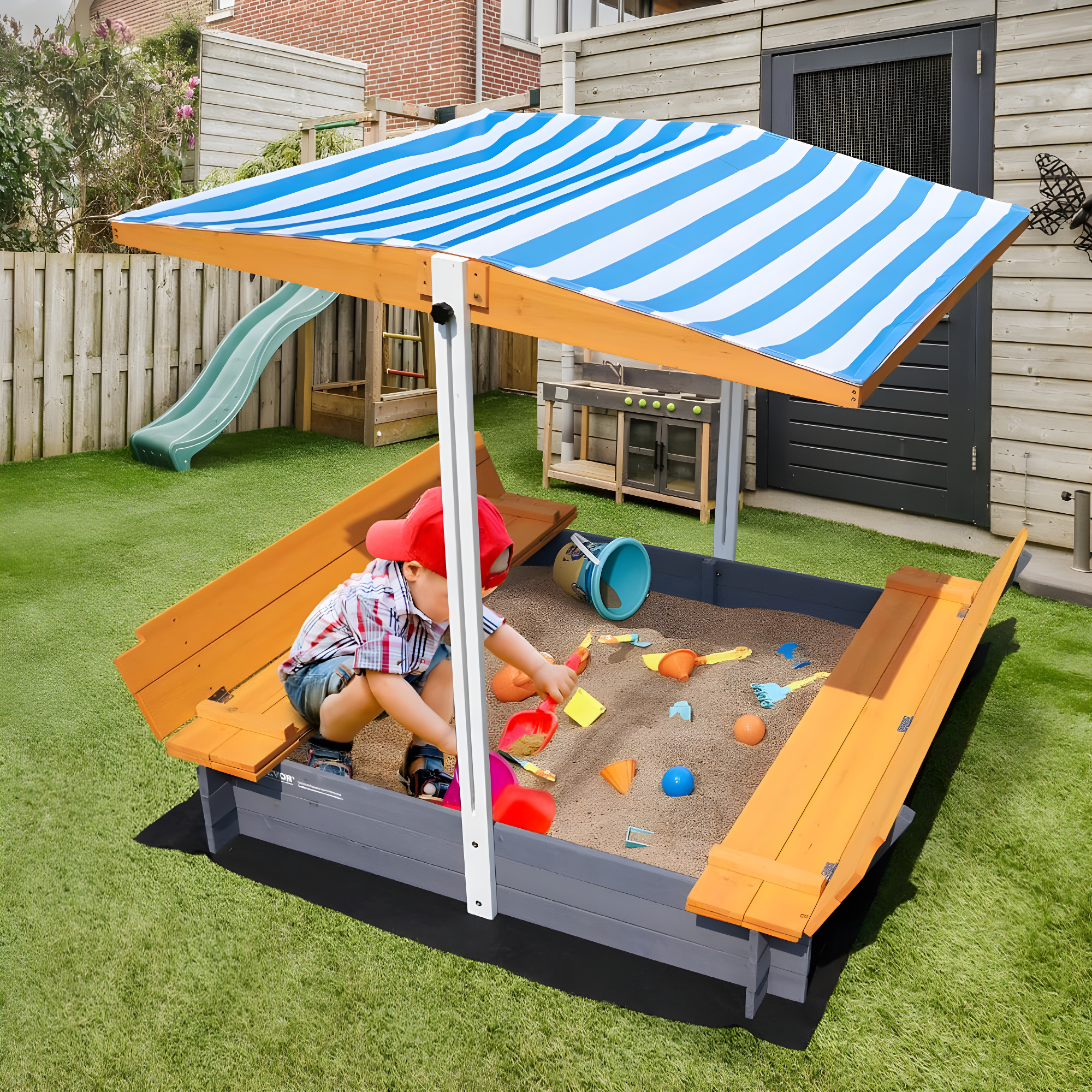 VEVOR Wooden Sandbox with Canopy, Sandpit with Foldable Bench Seats and Bottom Liner, Height Adjustable Roof, Gift for Ages 3-12 Years Old Backyard Garden Easy Assembly (57.3 x 47.2 x 47.2in)