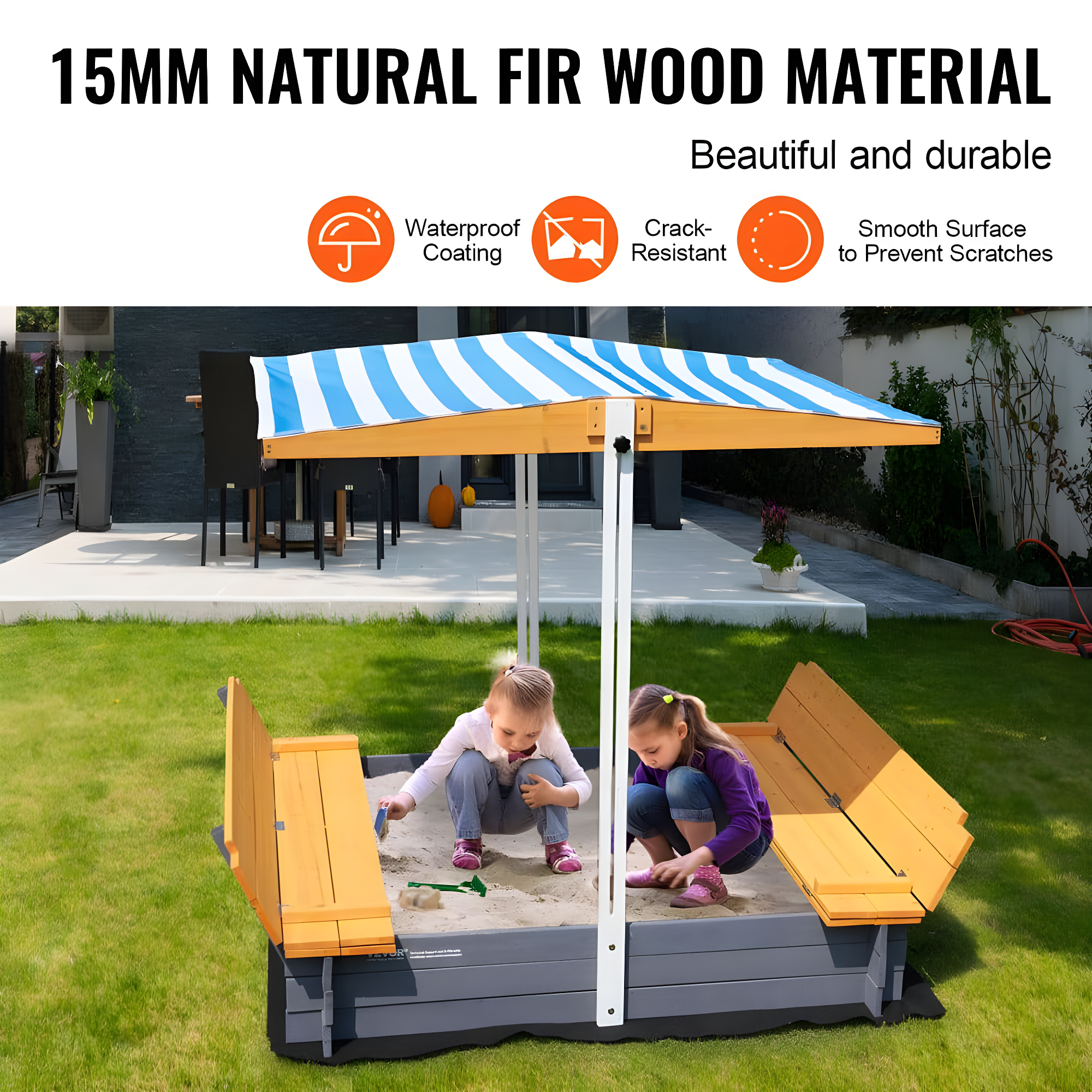 VEVOR Wooden Sandbox with Canopy, Sandpit with Foldable Bench Seats and Bottom Liner, Height Adjustable Roof, Gift for Ages 3-12 Years Old Backyard Garden Easy Assembly (57.3 x 47.2 x 47.2in)