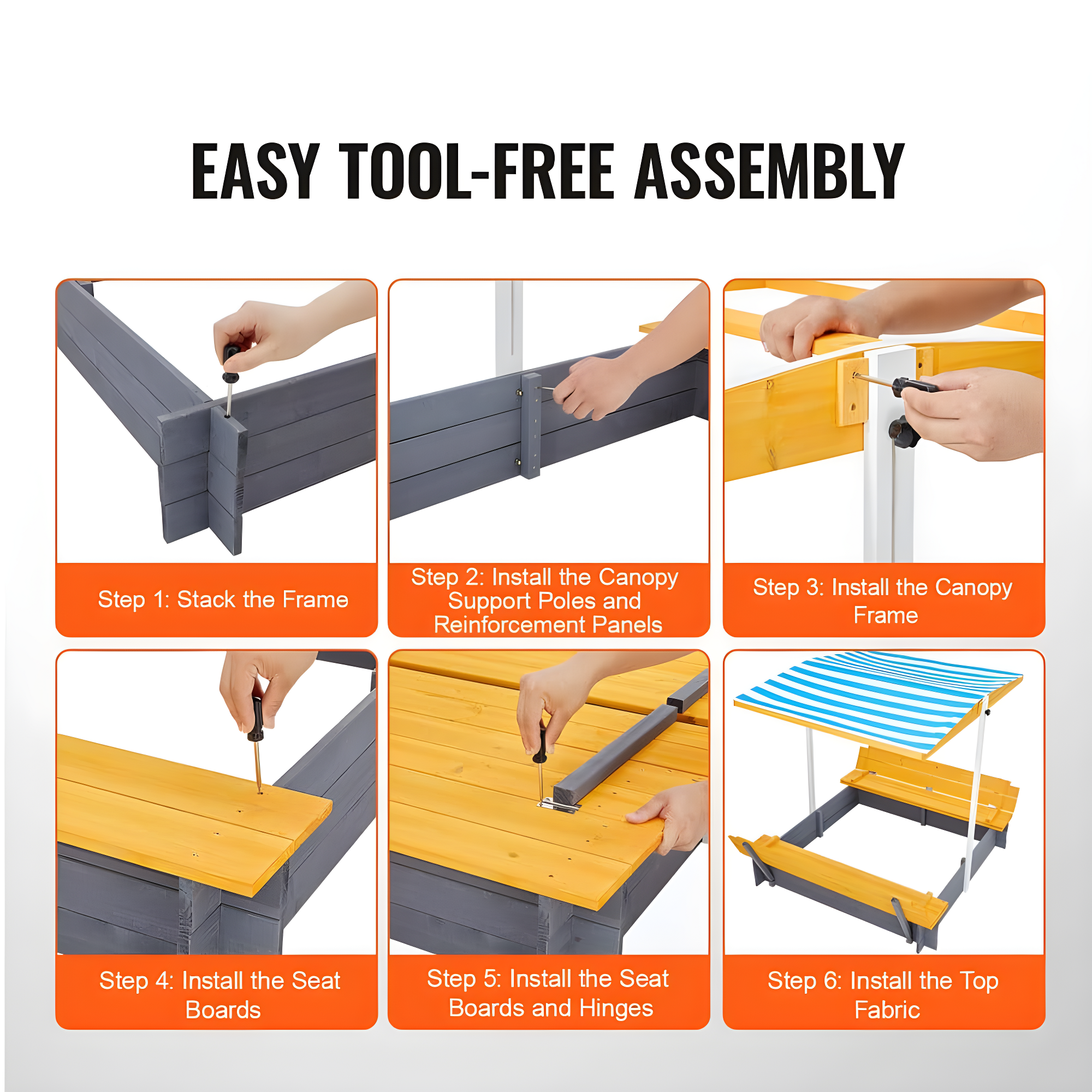 VEVOR Wooden Sandbox with Canopy, Sandpit with Foldable Bench Seats and Bottom Liner, Height Adjustable Roof, Gift for Ages 3-12 Years Old Backyard Garden Easy Assembly (57.3 x 47.2 x 47.2in)