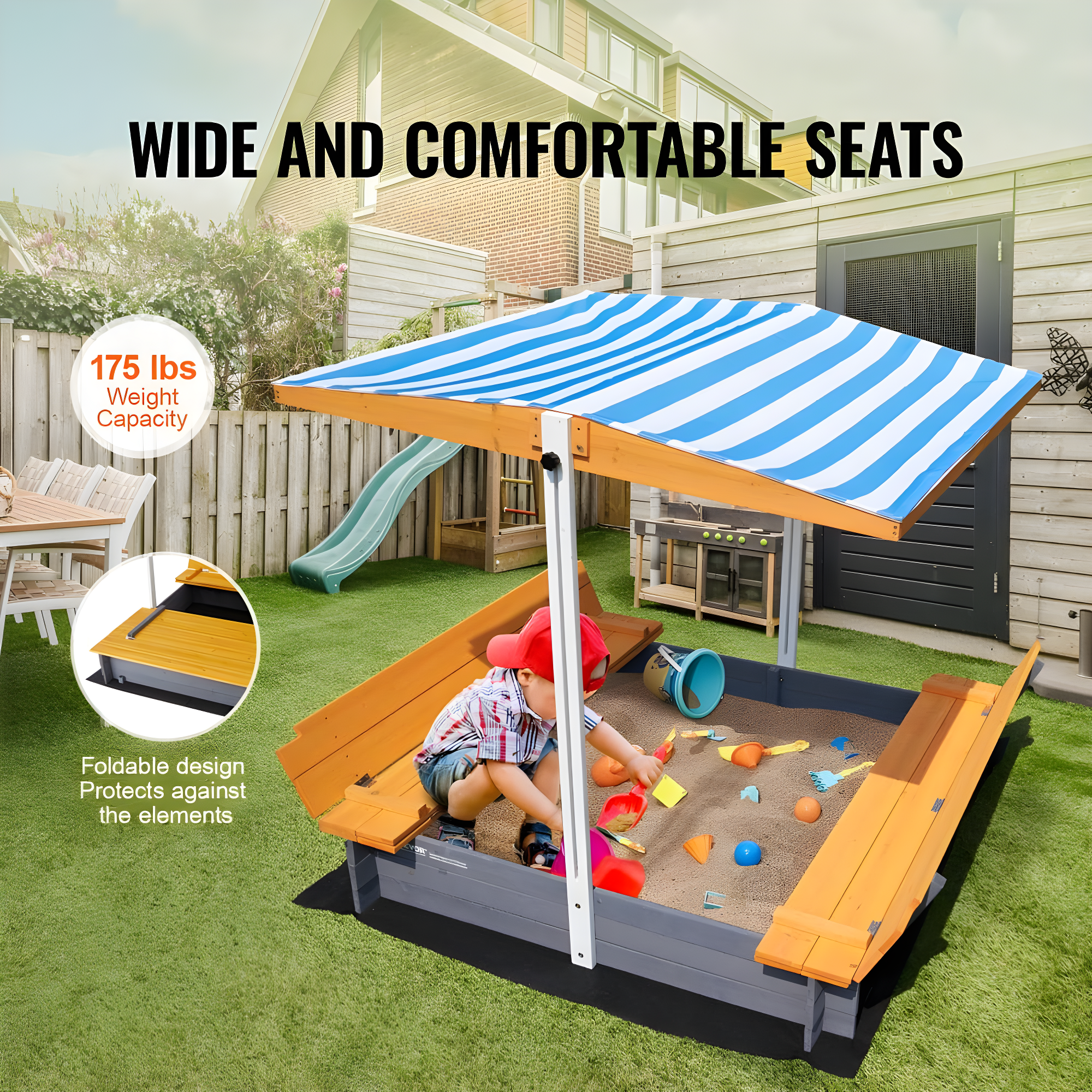 VEVOR Wooden Sandbox with Canopy, Sandpit with Foldable Bench Seats and Bottom Liner, Height Adjustable Roof, Gift for Ages 3-12 Years Old Backyard Garden Easy Assembly (57.3 x 47.2 x 47.2in)
