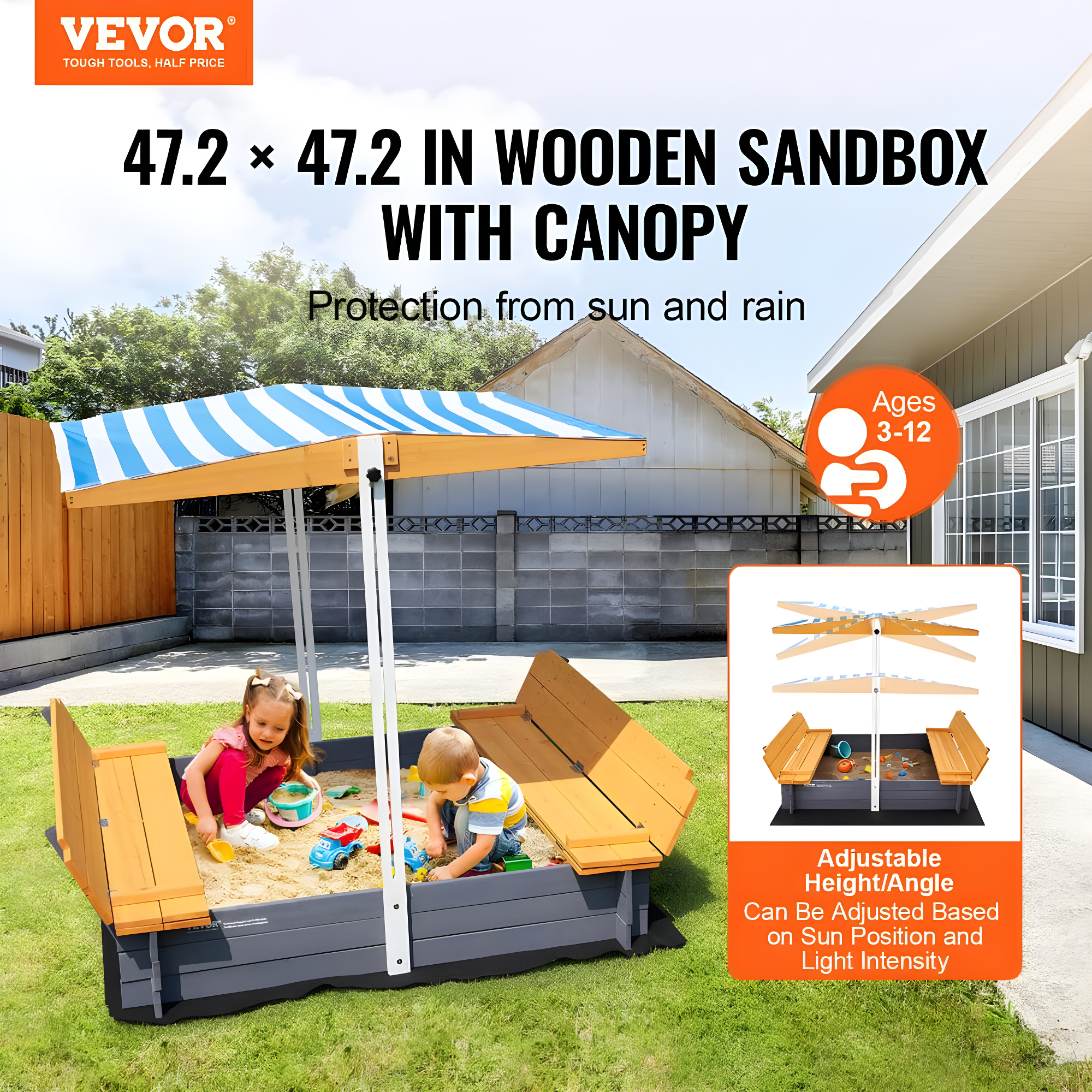 VEVOR Wooden Sandbox with Canopy, Sandpit with Foldable Bench Seats and Bottom Liner, Height Adjustable Roof, Gift for Ages 3-12 Years Old Backyard Garden Easy Assembly (57.3 x 47.2 x 47.2in)