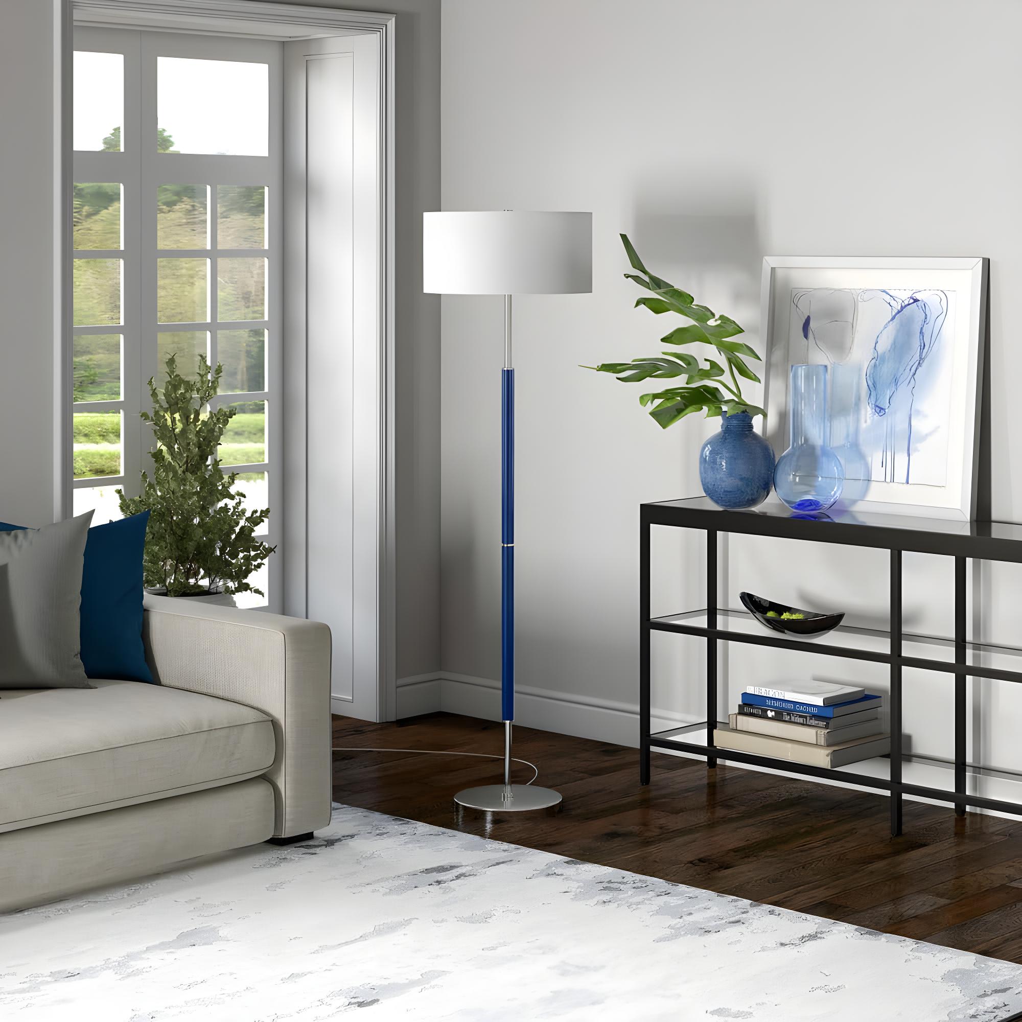 Evelyn&Zoe Simone 2-Light Floor Lamp with Fabric Shade, Blue/Polished Nickel/White