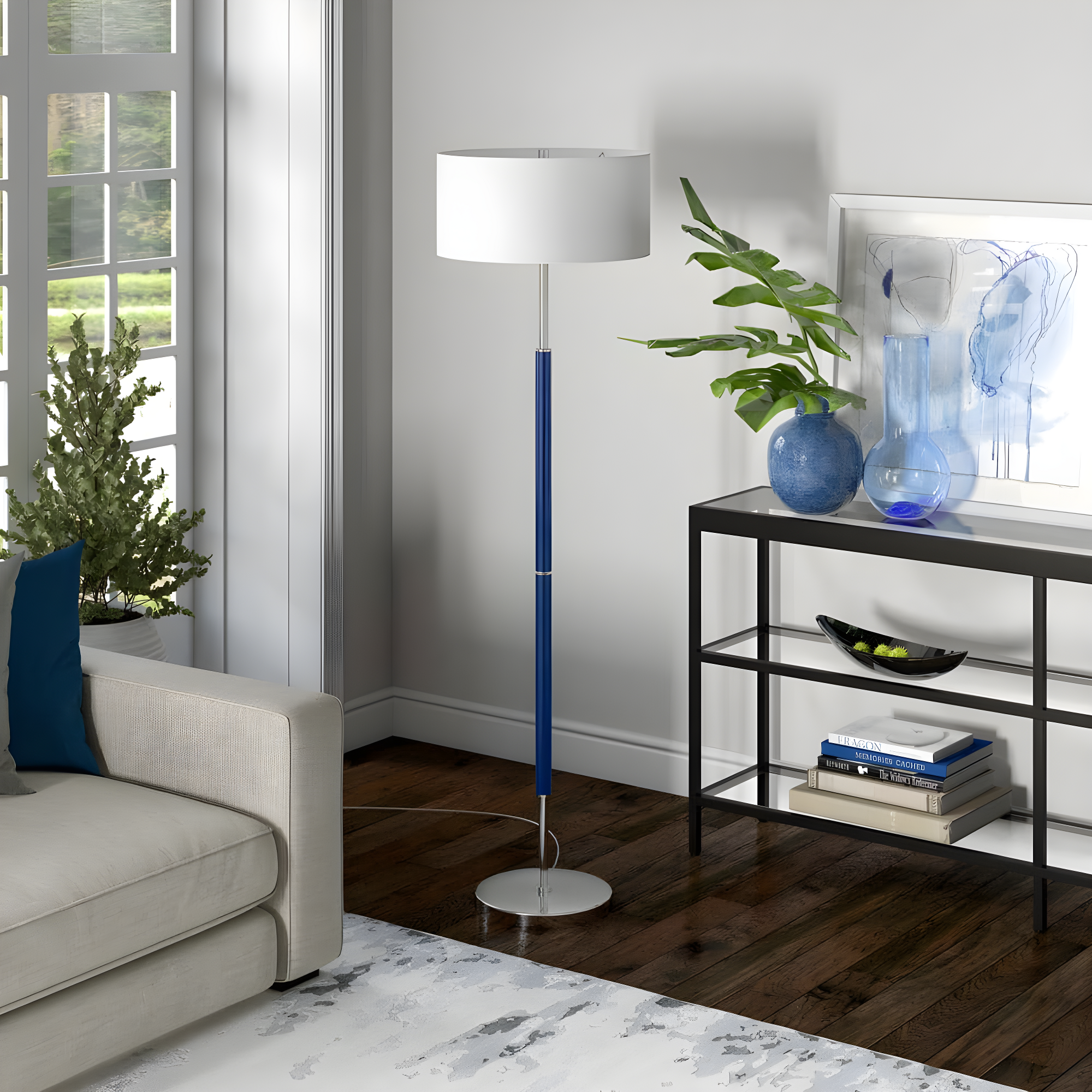 Evelyn&Zoe Simone 2-Light Floor Lamp with Fabric Shade, Blue/Polished Nickel/White