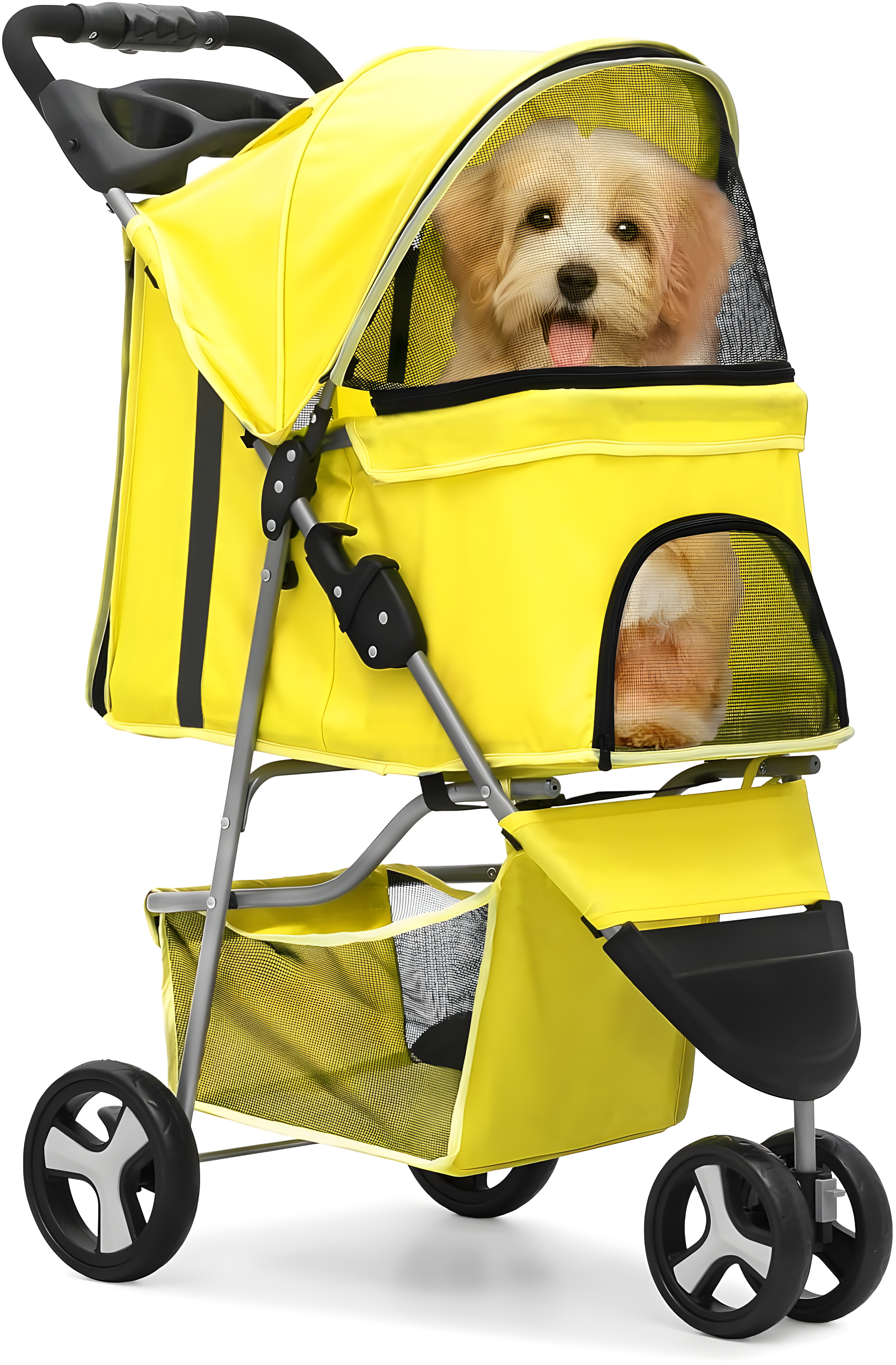 3 Wheel Folding Pet Stroller, Foldable Dog Jogger Stroller with Storage Basket, Cup Holder & Canopy