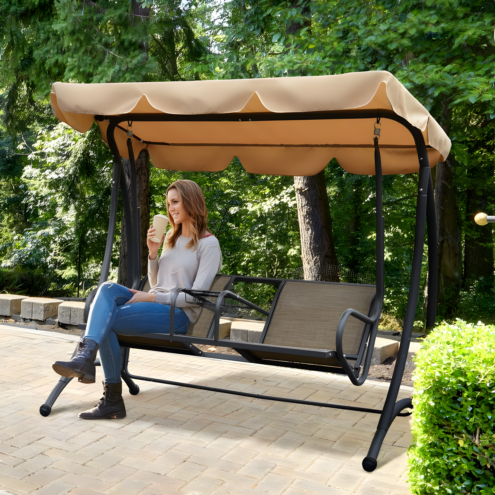 Outsunny 2-Person Porch Swing, Outdoor Patio Swing Bench with Adjustable Tilt Canopy, Cup Holder and Storage Tray, Steel Frame, Brown