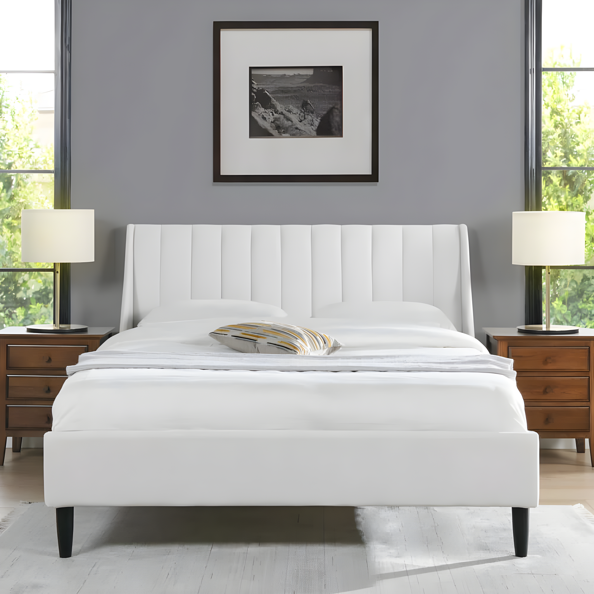 Aspen Queen Pine Upholstered Platform Bed with Tufted Headboard