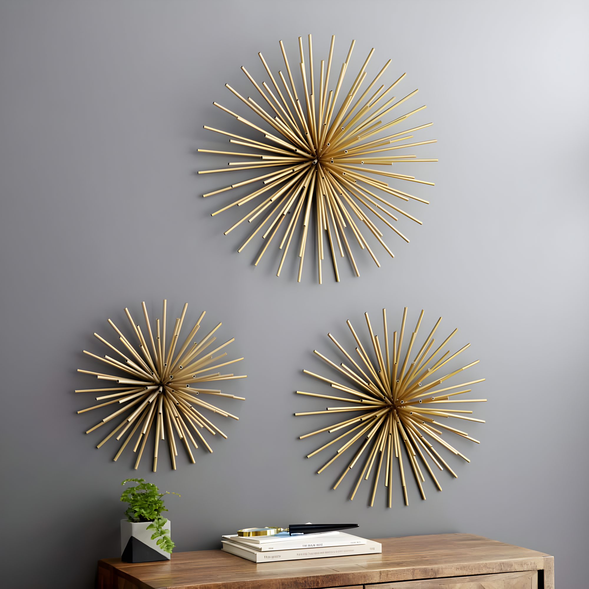 DecMode Contemporary Gold Metal 3D Starburst Wall Décor, Set of 3 16", 20", 24"D