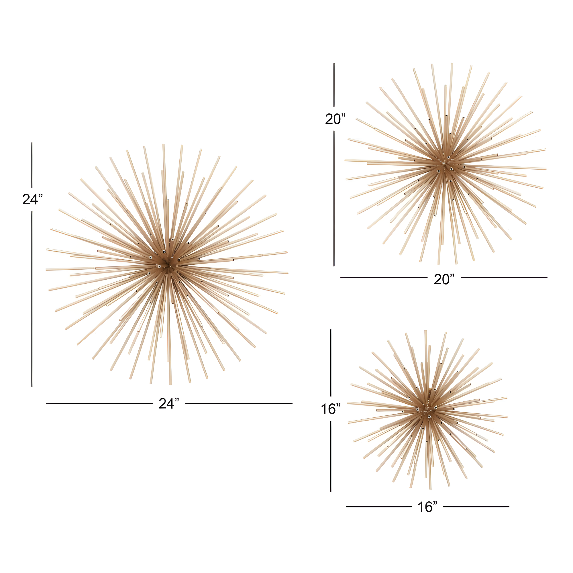 DecMode Contemporary Gold Metal 3D Starburst Wall Décor, Set of 3 16", 20", 24"D