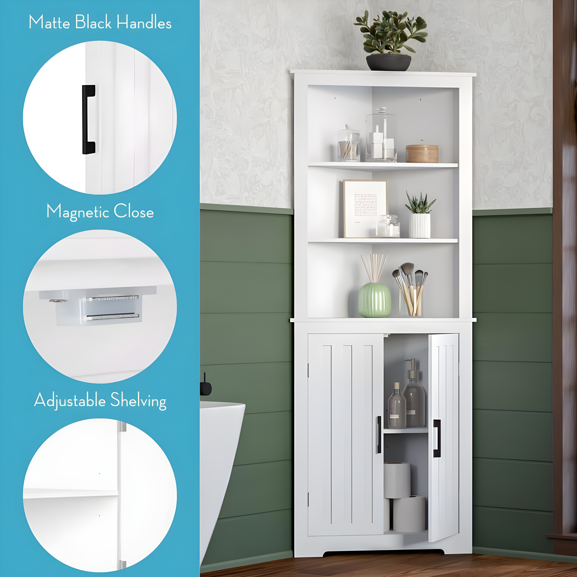 RiverRidge Home RiverRidge Monroe Tall Corner Bathroom Cabinet Storage Organizer with Doors and an Adjustable Shelf - White