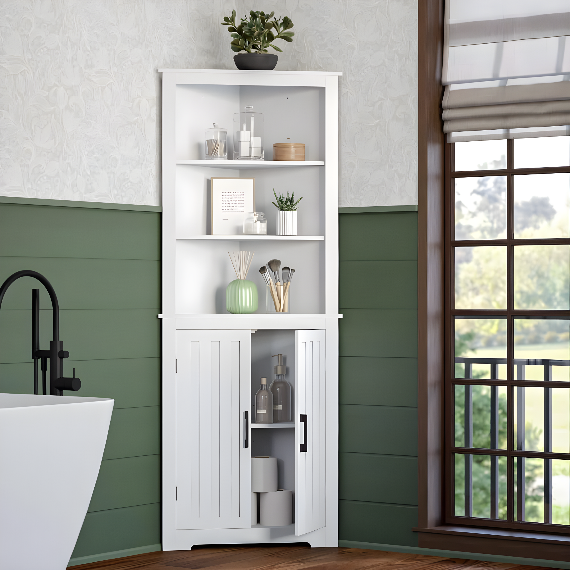 RiverRidge Home RiverRidge Monroe Tall Corner Bathroom Cabinet Storage Organizer with Doors and an Adjustable Shelf - White