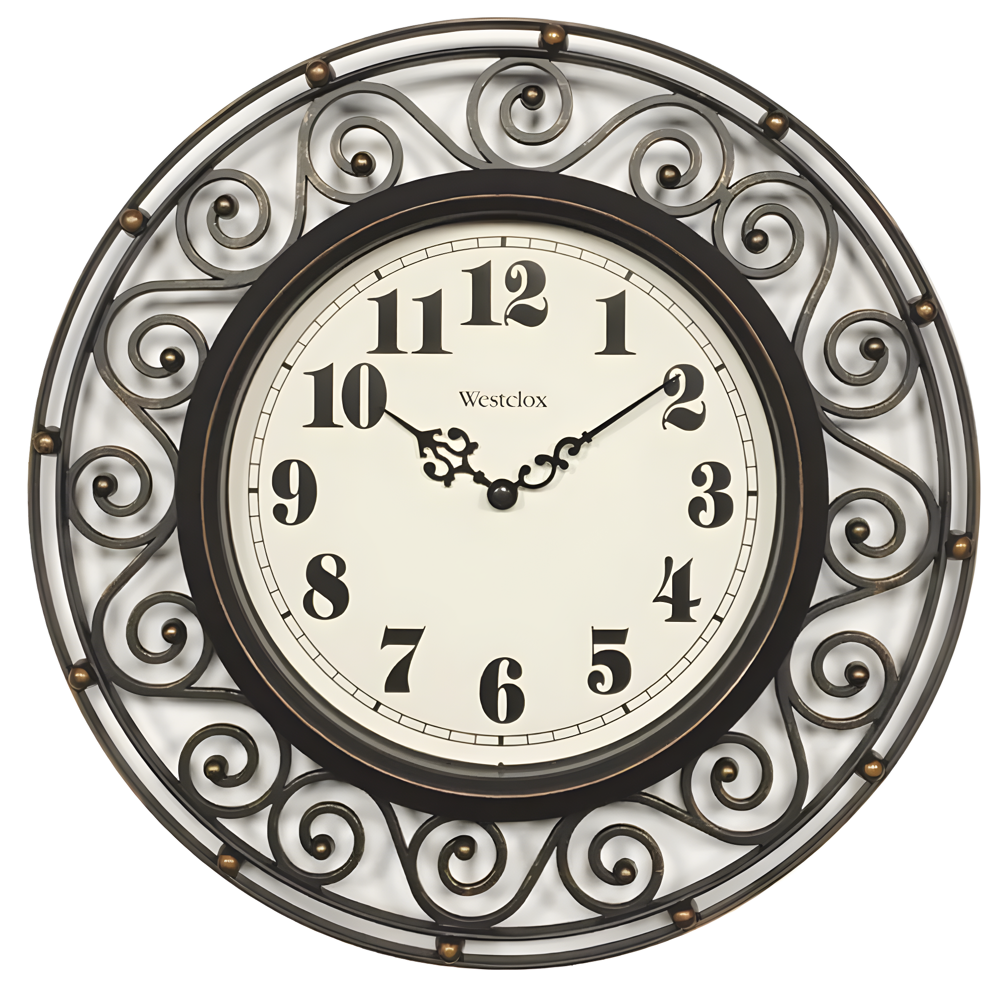 12" Wrought Iron Style Round Wall Clock Black/Bronze-Westclox: Vintage Design, Quartz Movement, Indoor Use