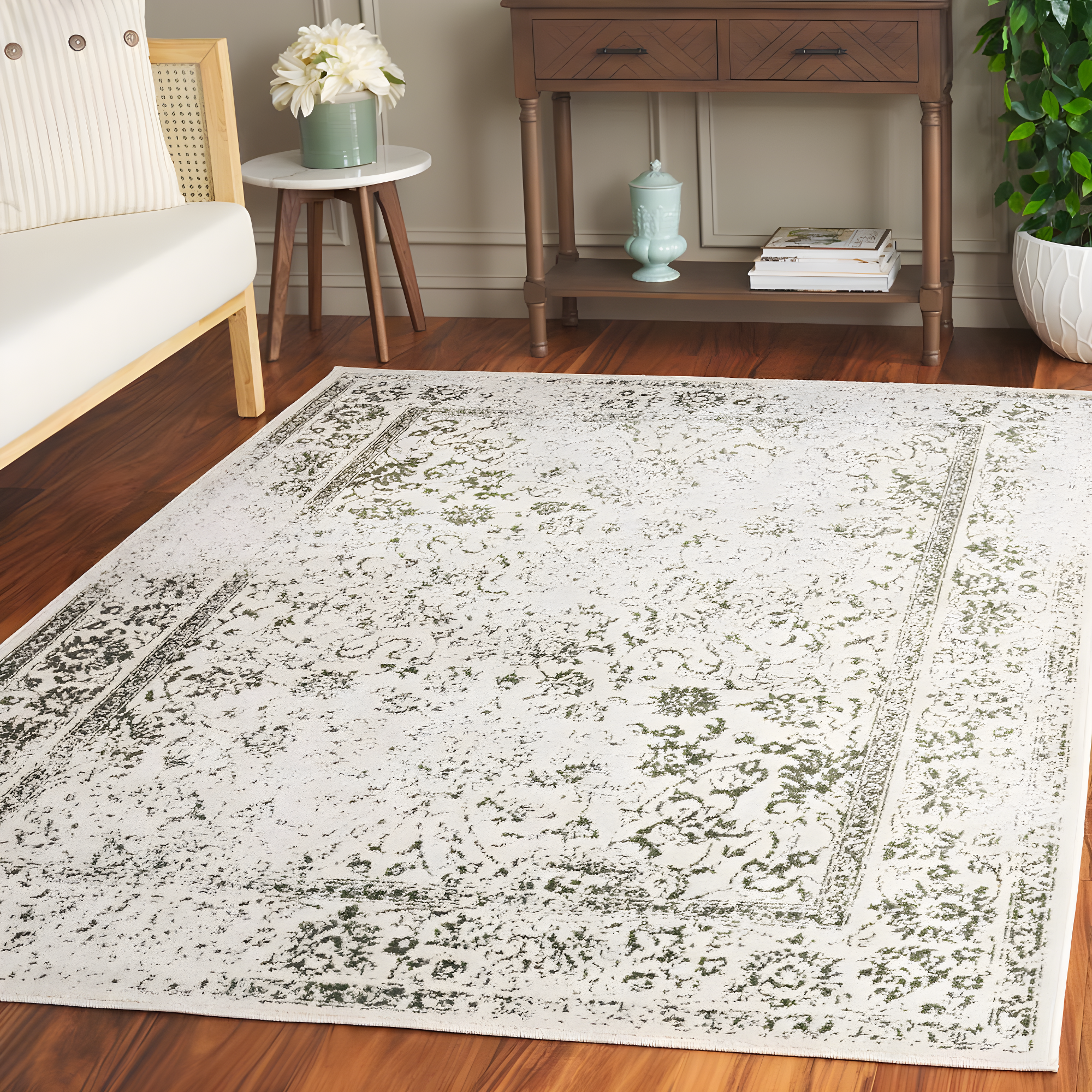 SAFAVIEH Adirondack Wyatt Distressed Area Rug, Ivory/Dark Green, 6' x 6' Square