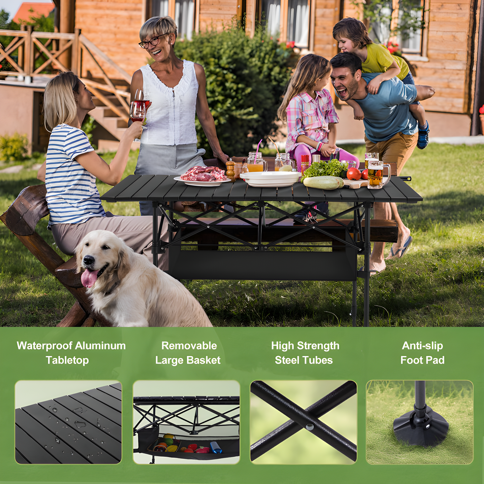 Folding Camping Table, Portable Aluminum Roll-Up Picnic Backpacking Table With Adjustable Height, Large Storage And Carrying Bag For Picnic, Camping, BBQ, Party, Backyard, Beach