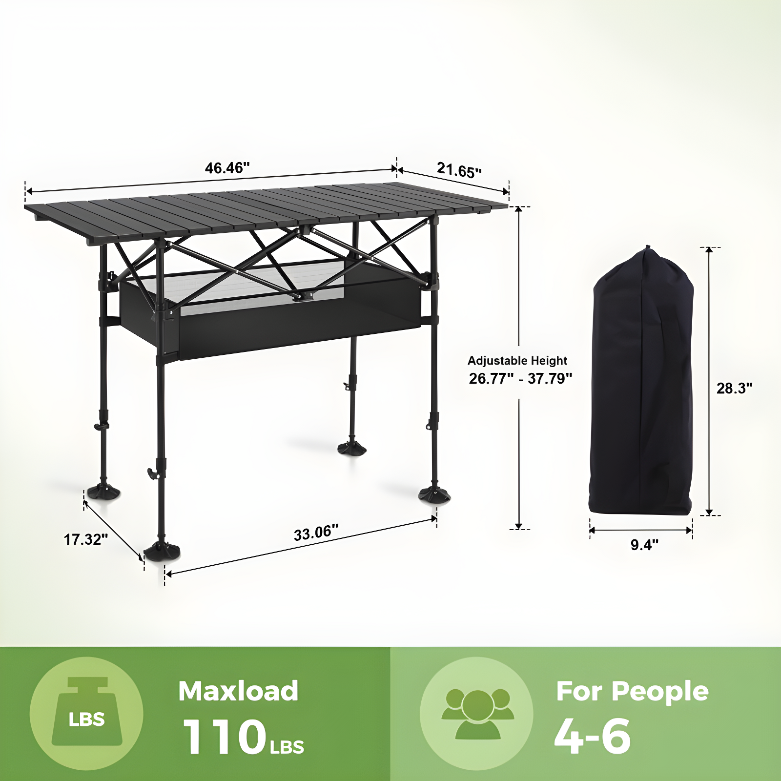 Folding Camping Table, Portable Aluminum Roll-Up Picnic Backpacking Table With Adjustable Height, Large Storage And Carrying Bag For Picnic, Camping, BBQ, Party, Backyard, Beach