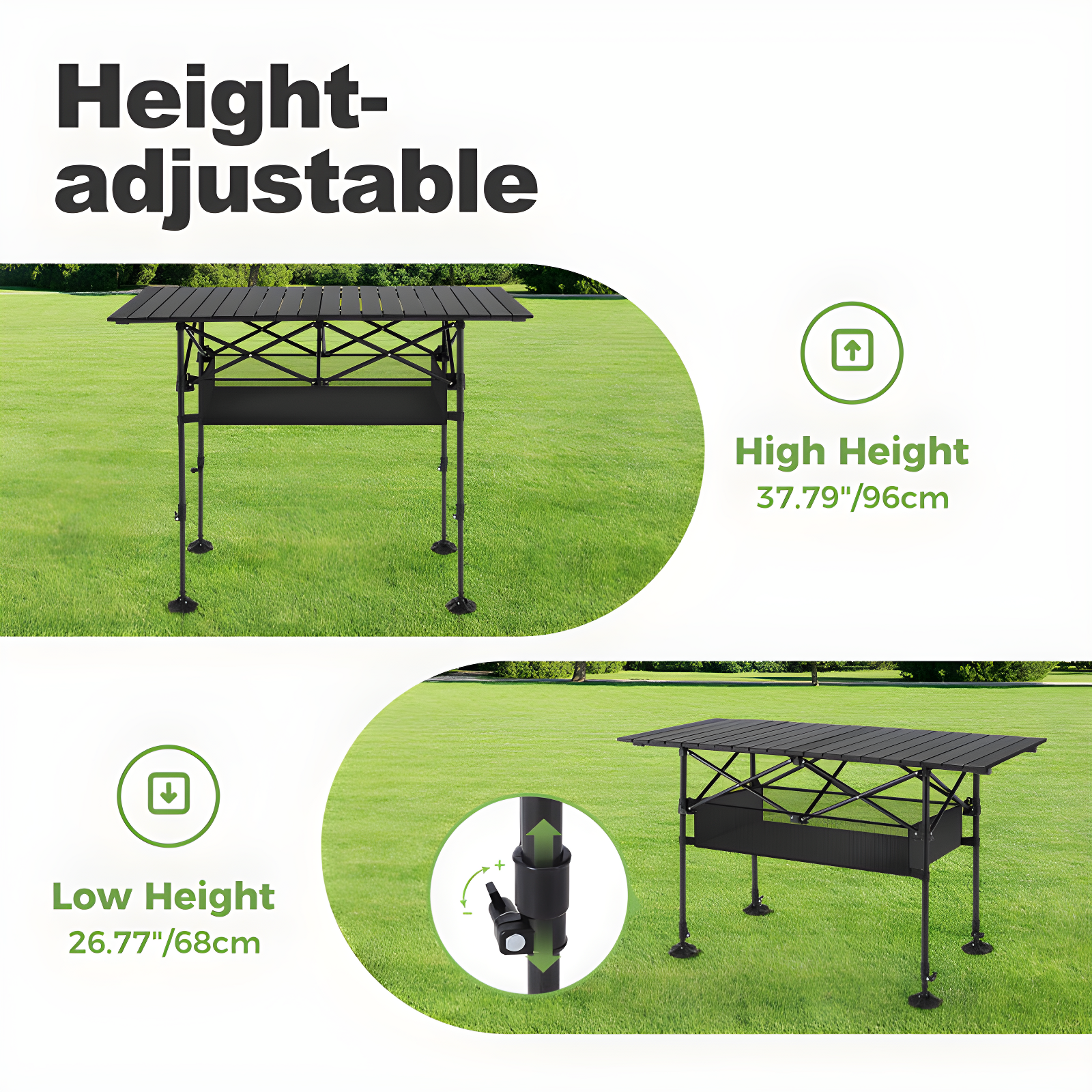 Folding Camping Table, Portable Aluminum Roll-Up Picnic Backpacking Table With Adjustable Height, Large Storage And Carrying Bag For Picnic, Camping, BBQ, Party, Backyard, Beach