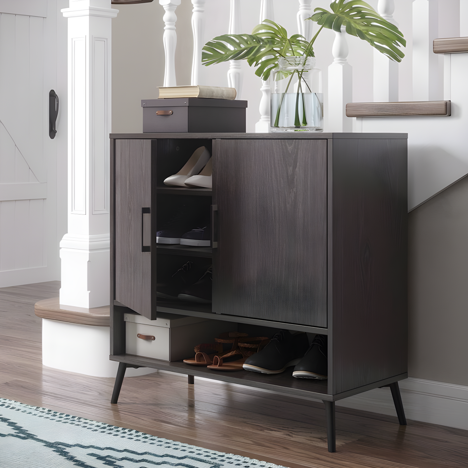 RiverRidge Woodbury Shoe Cabinet Organizer 12 Pair Shoe Rack Entryway Storage Cabinet with Open & Adjustable Interior Shelves Weathered Woodgrain