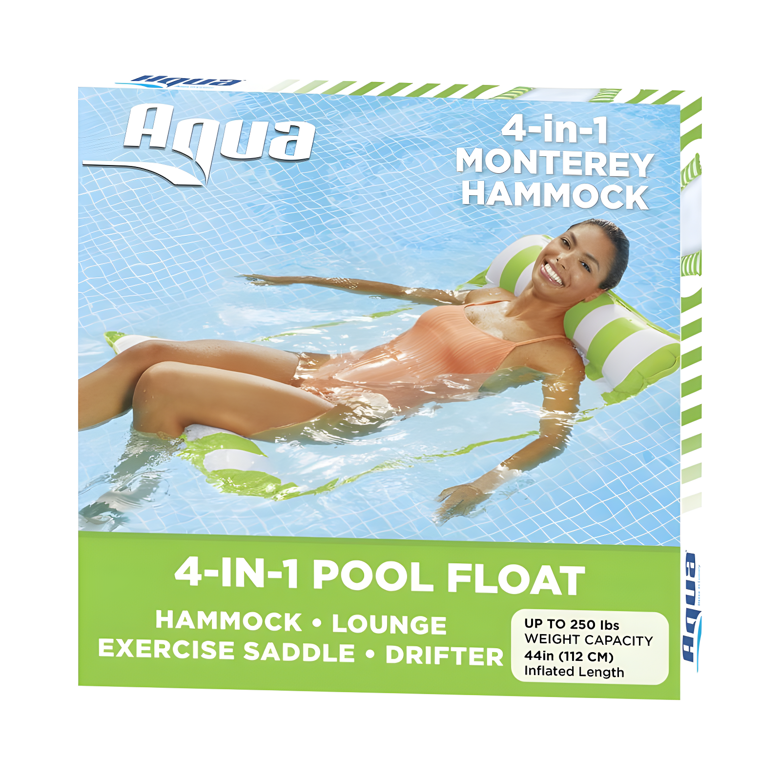 Aqua Leisure Monterey Water Inflatable 4-in-1 Versatile Design Pool Hammock Floating Lounger Chair, Lime Green and White Stripes