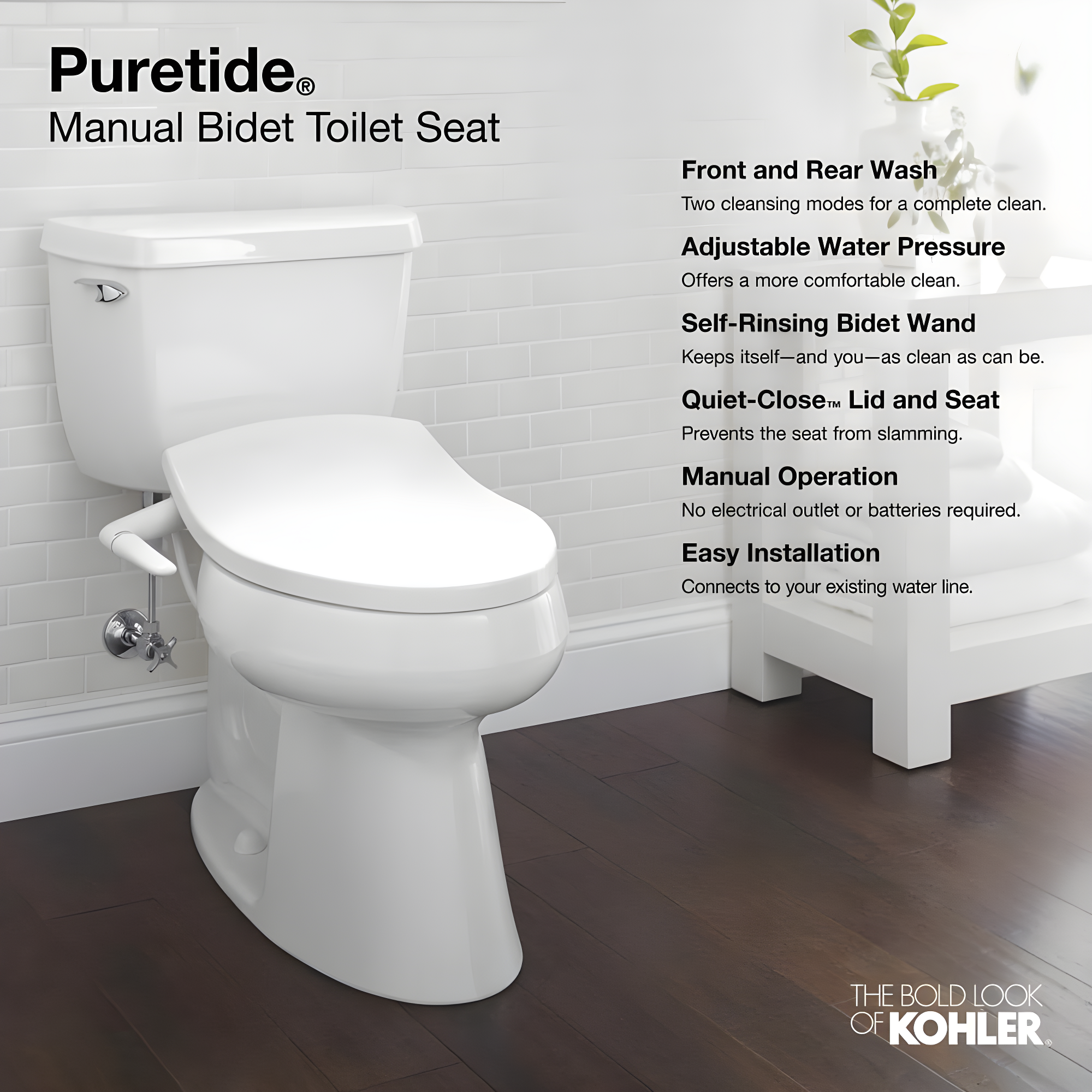 PureWash M250 Round Bidet Toliet Seat, Manual Non-Electric Bidets for Existing Toilets