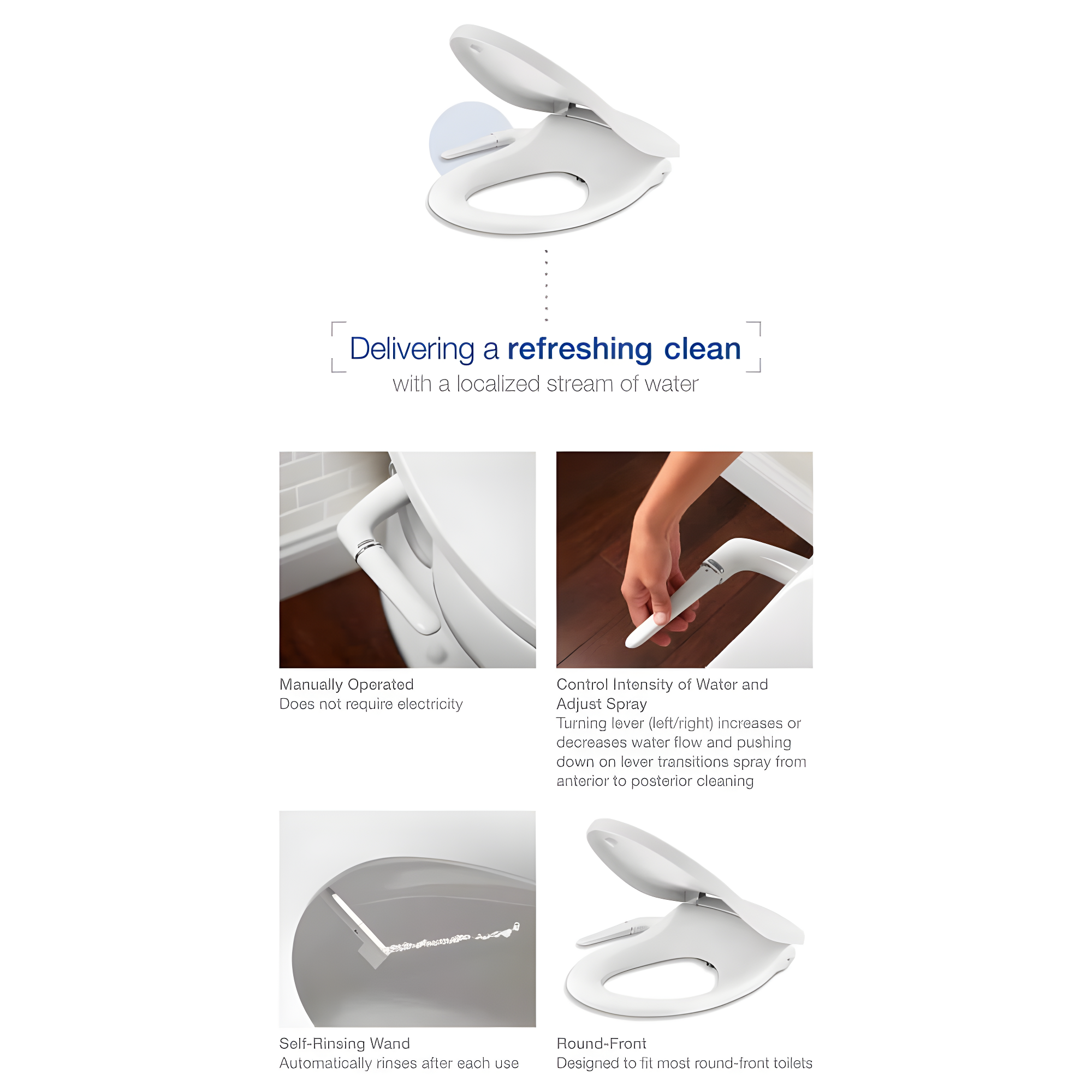 PureWash M250 Round Bidet Toliet Seat, Manual Non-Electric Bidets for Existing Toilets