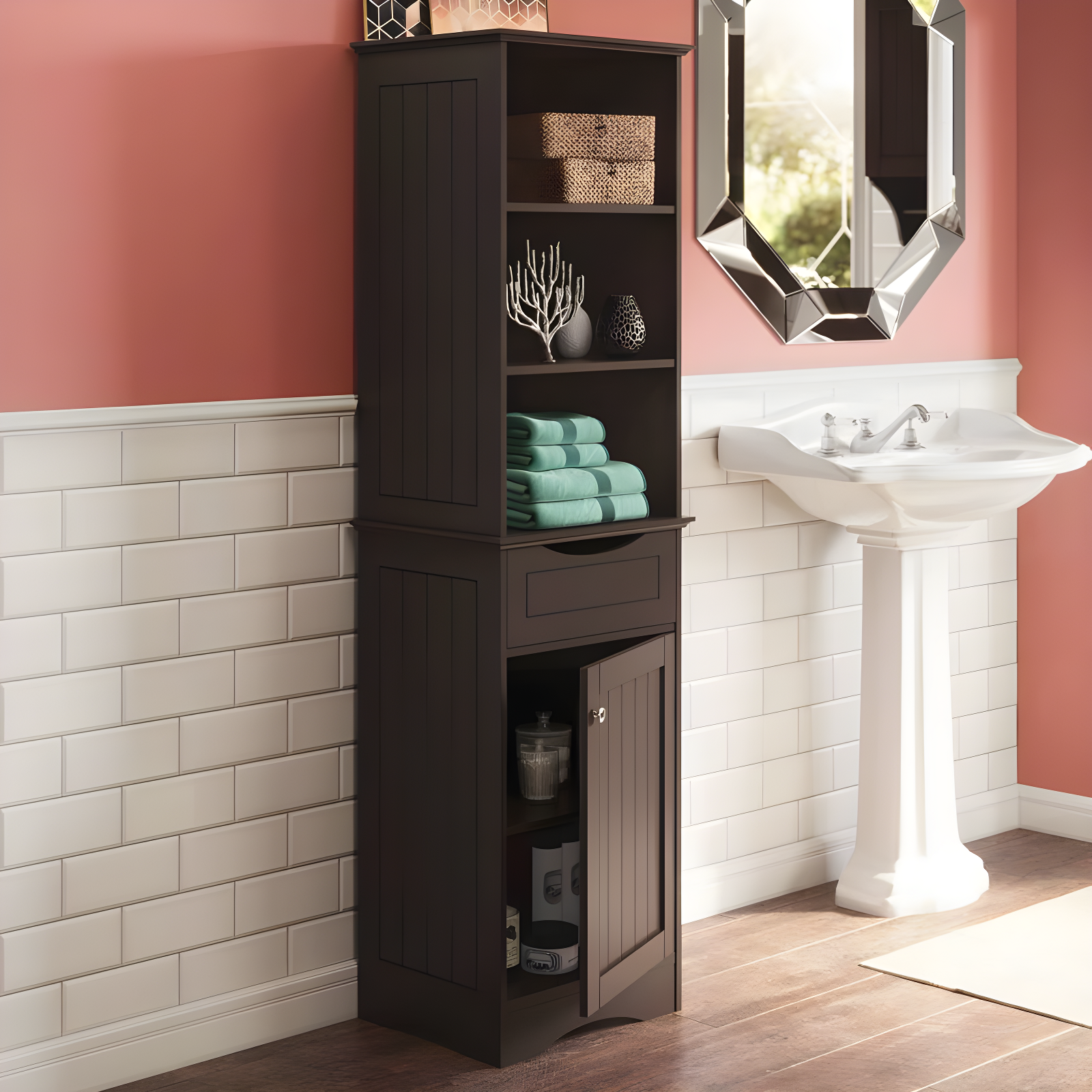 RiverRidge Home RiverRidge Ashland Tall Bathroom Storage Linen Cabinet and Organizer with Drawer and Shelves