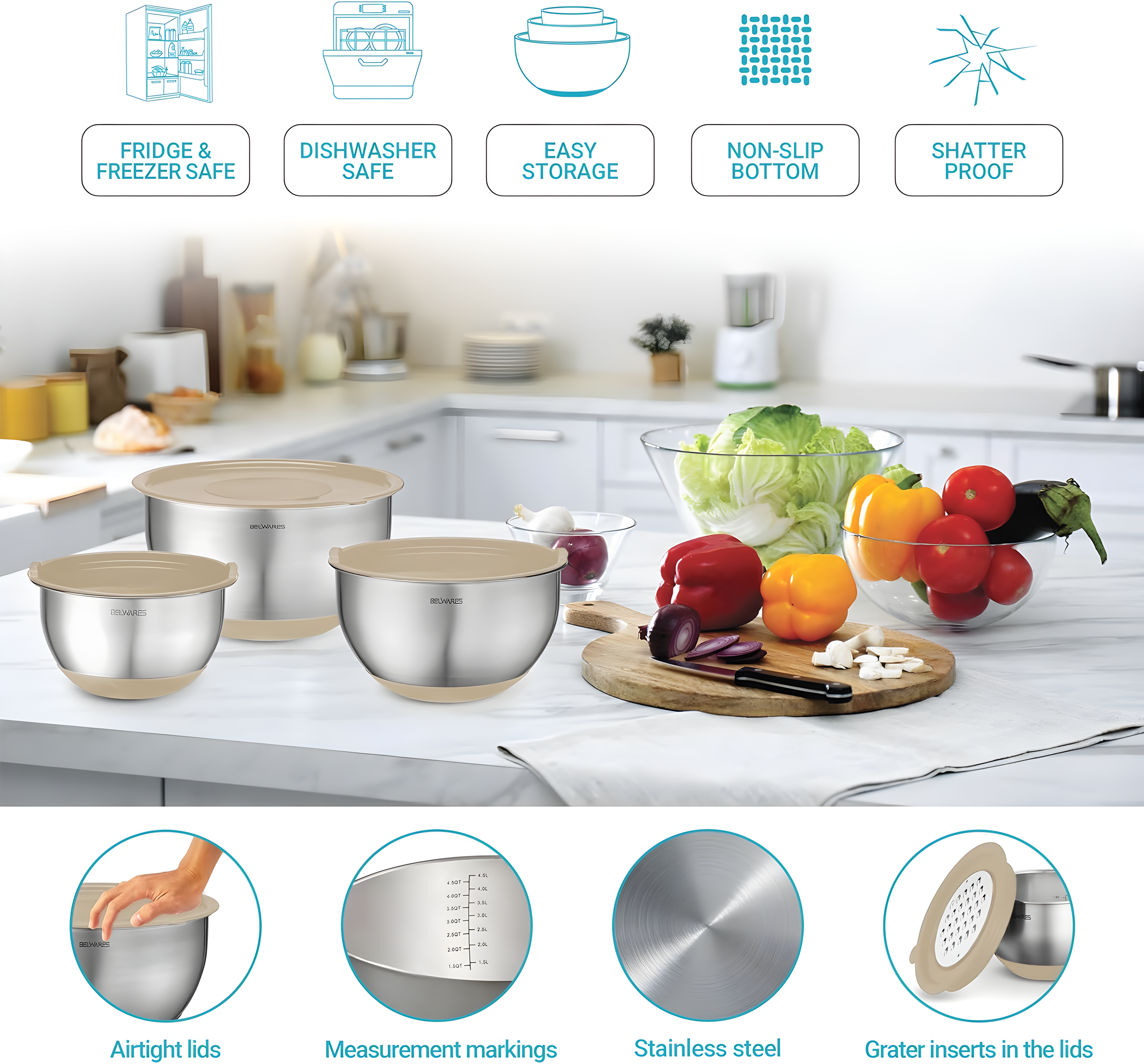 Toledo Bath & Kitchen Stainless Steel Mixing Bowls With Lids, 5-Pack Metal Nesting Bowls With Airtight Covers For Cooking, Baking, Serving, Storage, Non-Toxic & Dishwasher Safe, Size 4.6/3/1.5/1/0.7QT - Khaki