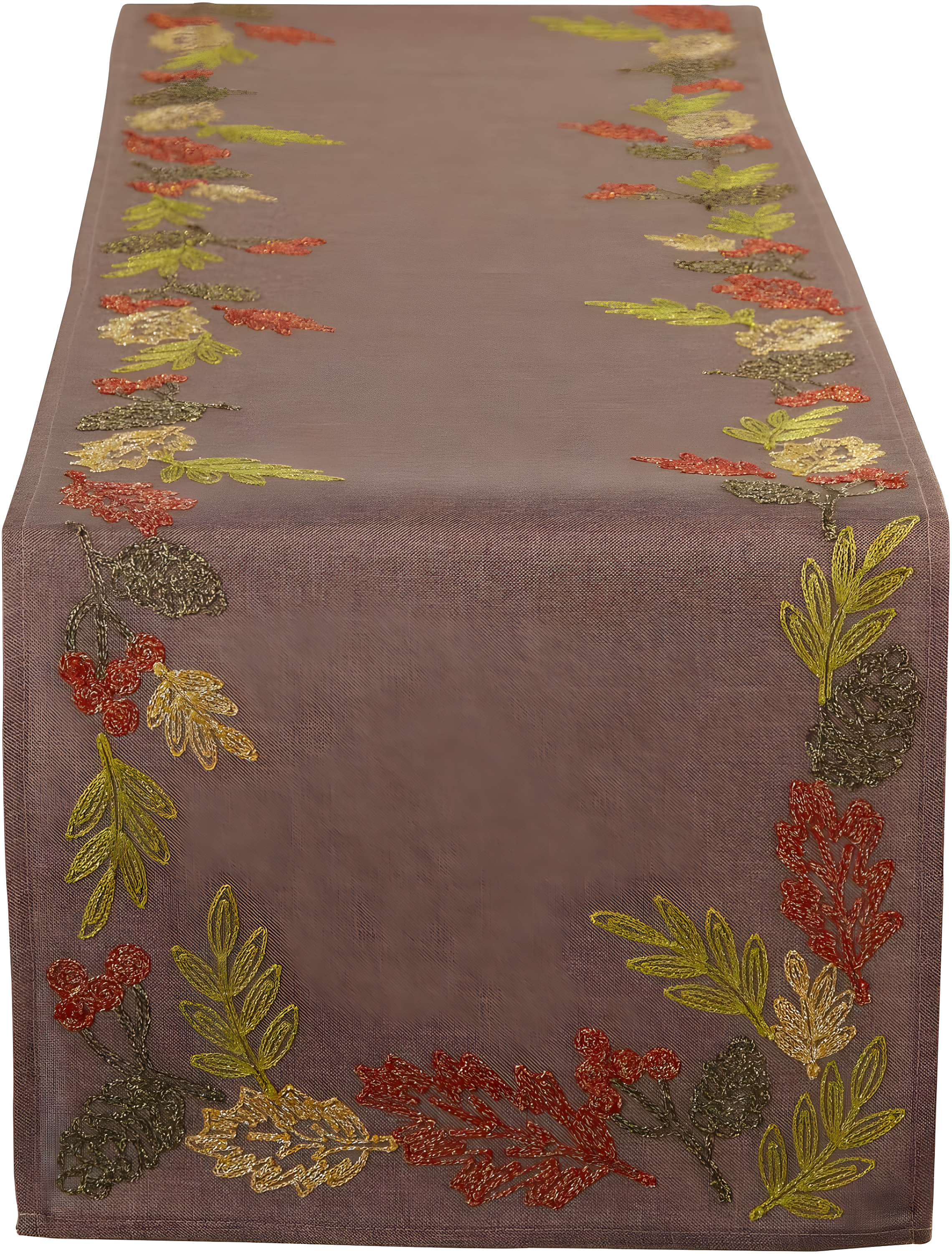 DII 70x14" Polyester Fabric Shimmering Leaves Embroidered Table Runner in Brown
