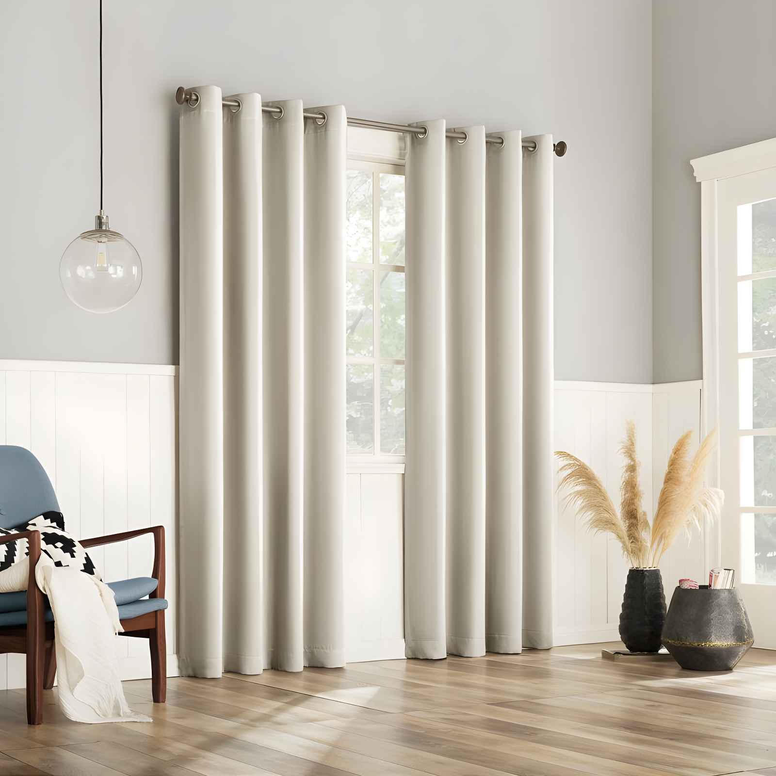 2pc 54"x63" No. 918 Room Darkening Brandon Magnetic Closure Grommet Curtain Panel Pair Cream: Energy Efficient, Noise Reduction