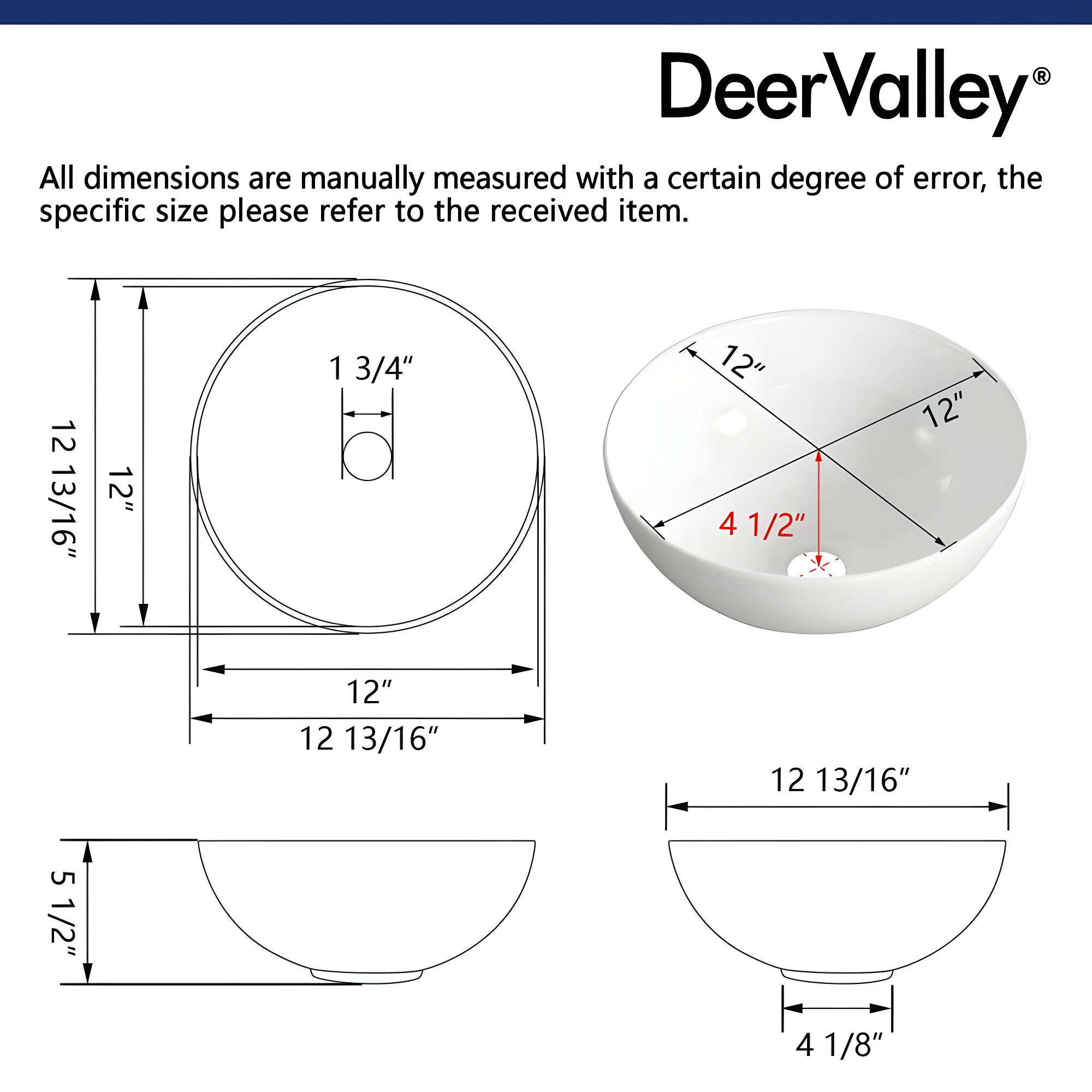 DeerValley Symmetry 13" x 13'' Circular/Round Vitreous Vessel Bathroom Sink