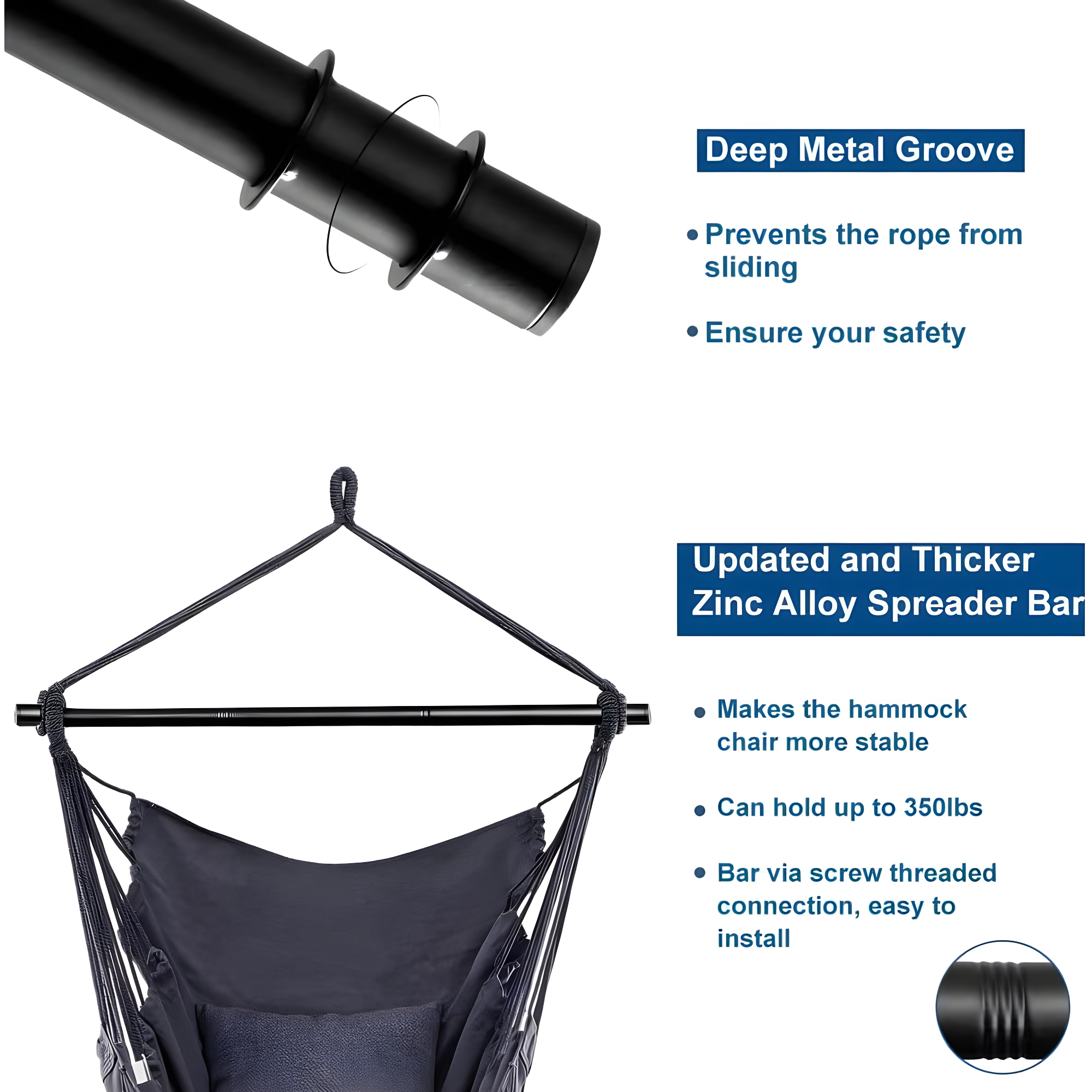 Jelofly Hammock Chair Large Hanging Rope Swing Seat Chair with Pocket Max 350 Lbs Superior Comfortable for Indoor Outdoor Home Bedroom Garden, Seat Cushions Not Included (Dark Grey)