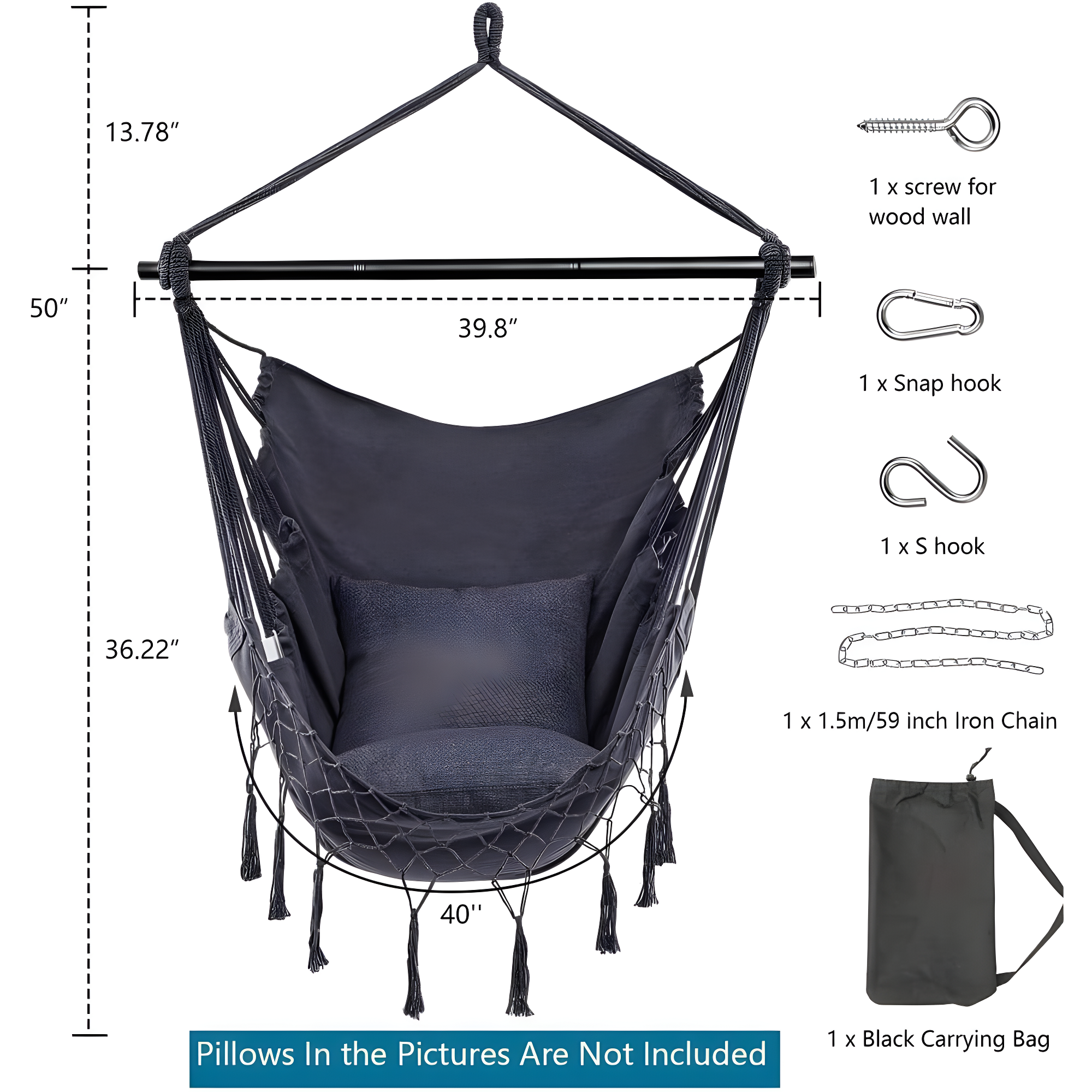Jelofly Hammock Chair Large Hanging Rope Swing Seat Chair with Pocket Max 350 Lbs Superior Comfortable for Indoor Outdoor Home Bedroom Garden, Seat Cushions Not Included (Dark Grey)