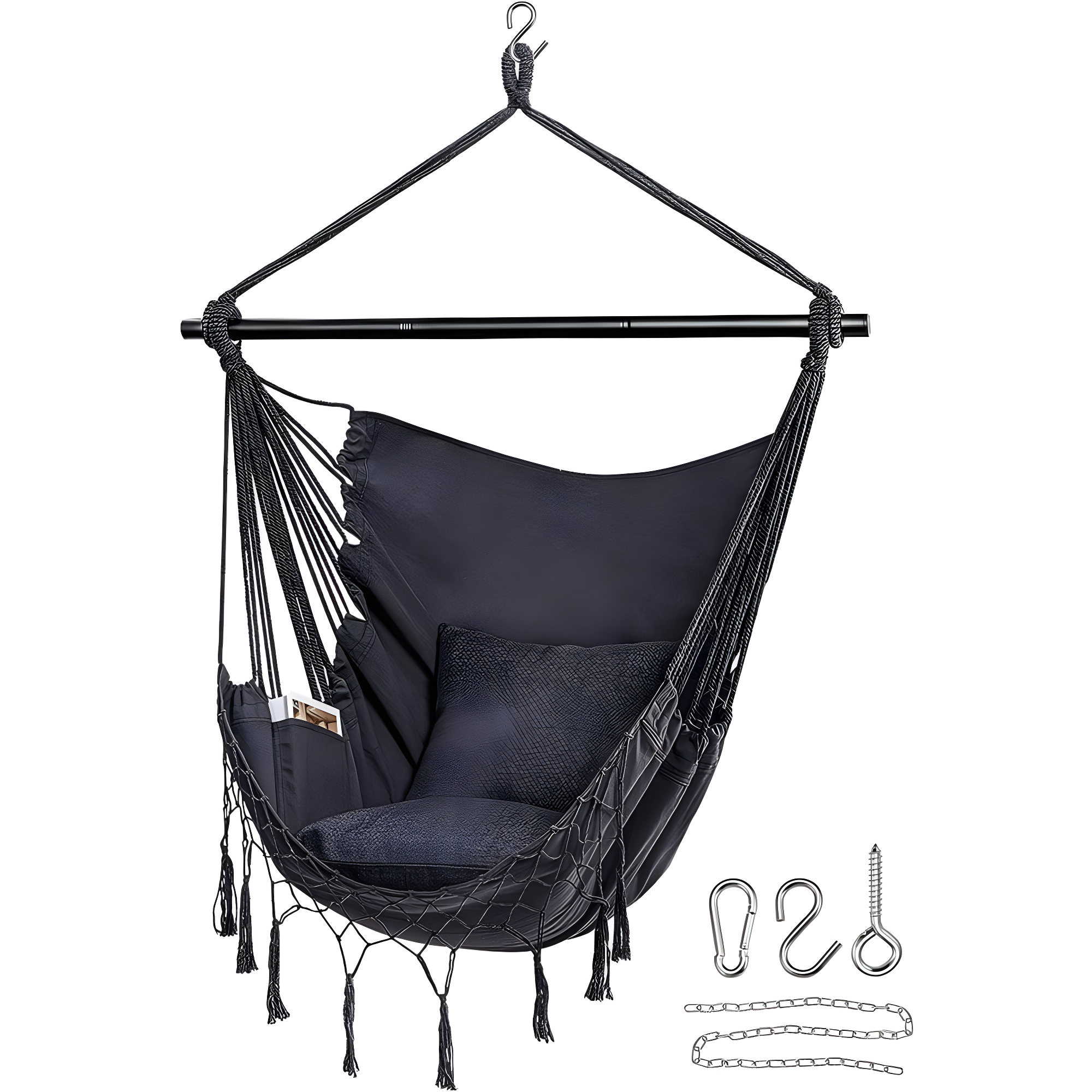 Jelofly Hammock Chair Large Hanging Rope Swing Seat Chair with Pocket Max 350 Lbs Superior Comfortable for Indoor Outdoor Home Bedroom Garden, Seat Cushions Not Included (Dark Grey)