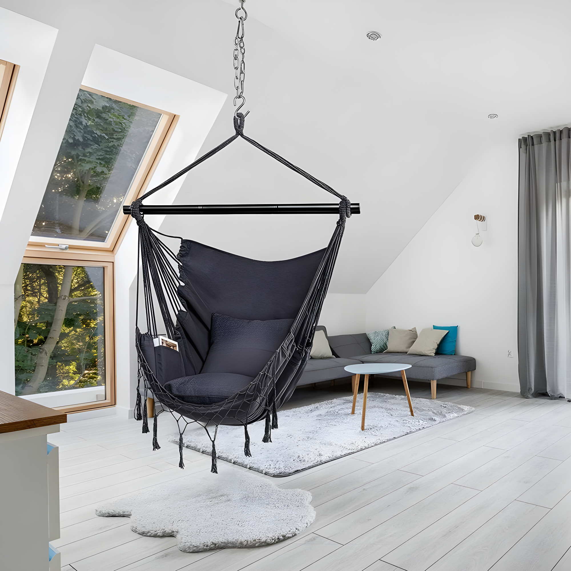 Jelofly Hammock Chair Large Hanging Rope Swing Seat Chair with Pocket Max 350 Lbs Superior Comfortable for Indoor Outdoor Home Bedroom Garden, Seat Cushions Not Included (Dark Grey)