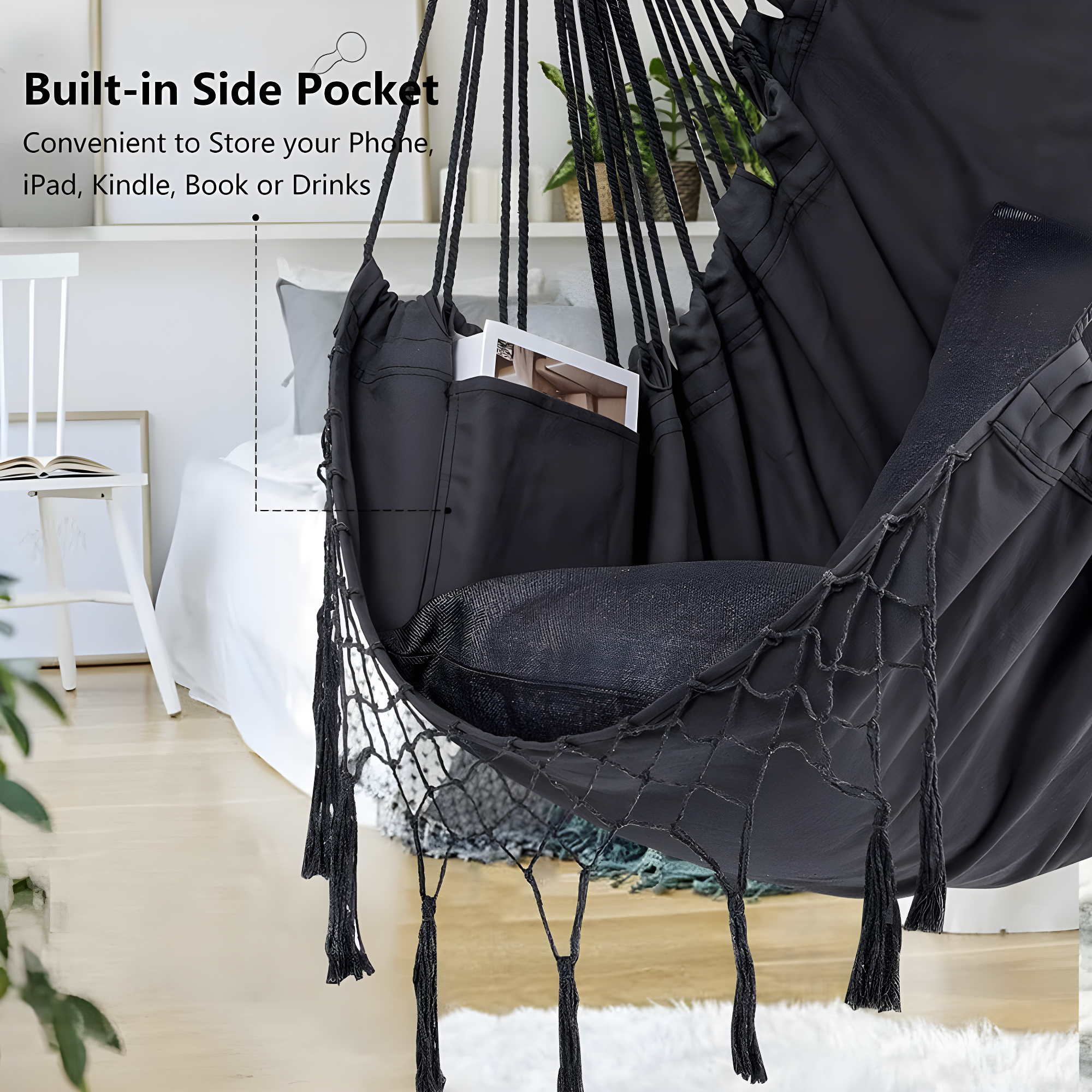 Jelofly Hammock Chair Large Hanging Rope Swing Seat Chair with Pocket Max 350 Lbs Superior Comfortable for Indoor Outdoor Home Bedroom Garden, Seat Cushions Not Included (Dark Grey)