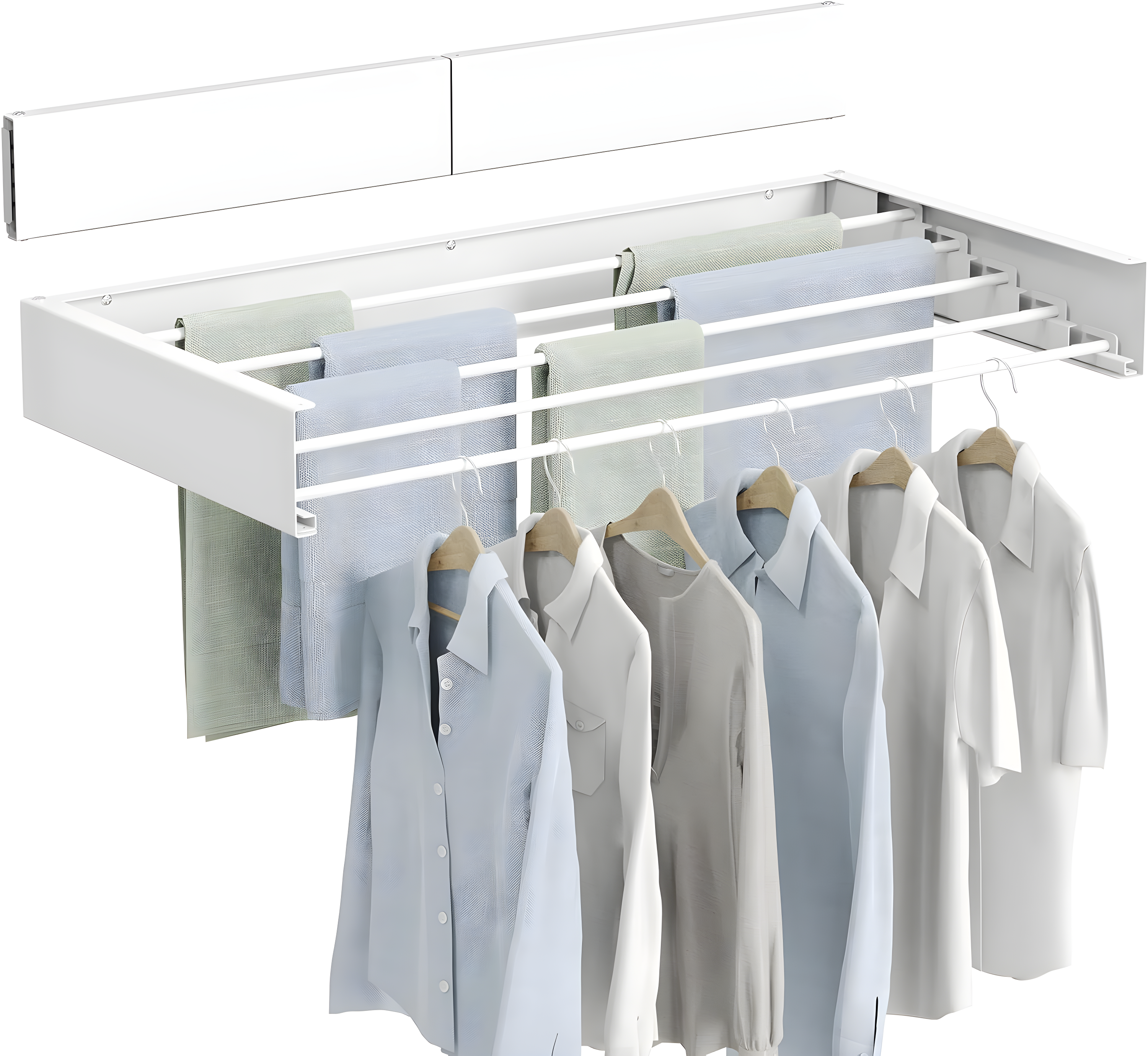Laundry Drying Rack Wall Mounted Clothes Drying Rack Collapsible 31.5" Wide with 13.2 Linear Ft and 5 Aluminum Rods Drilling Template Long Screwdriver Bit 60 lbs Capacity White