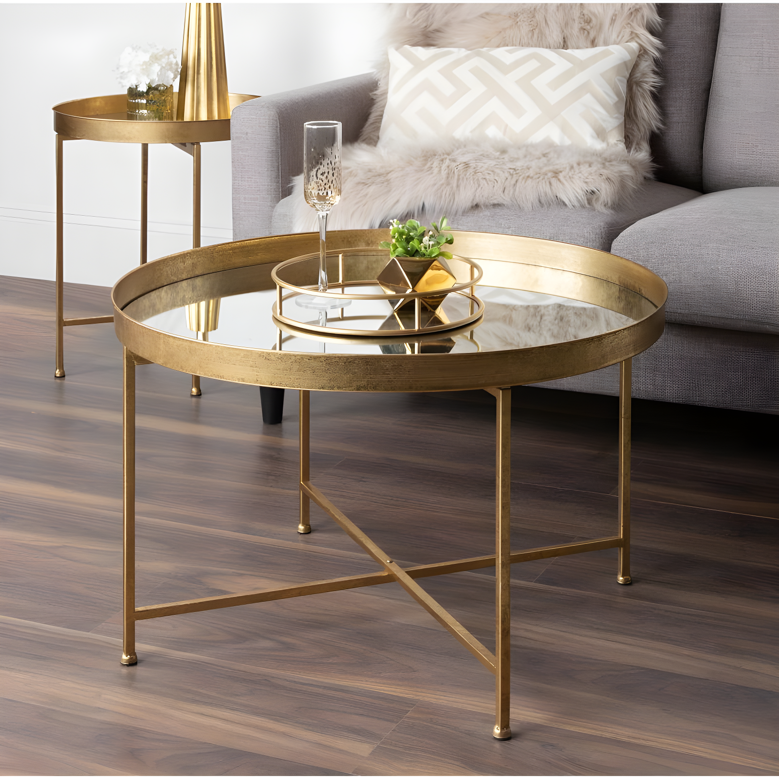 Kate and Laurel Celia Round Metal Side Table, 18.25x18.25x22, Gold and Mirror