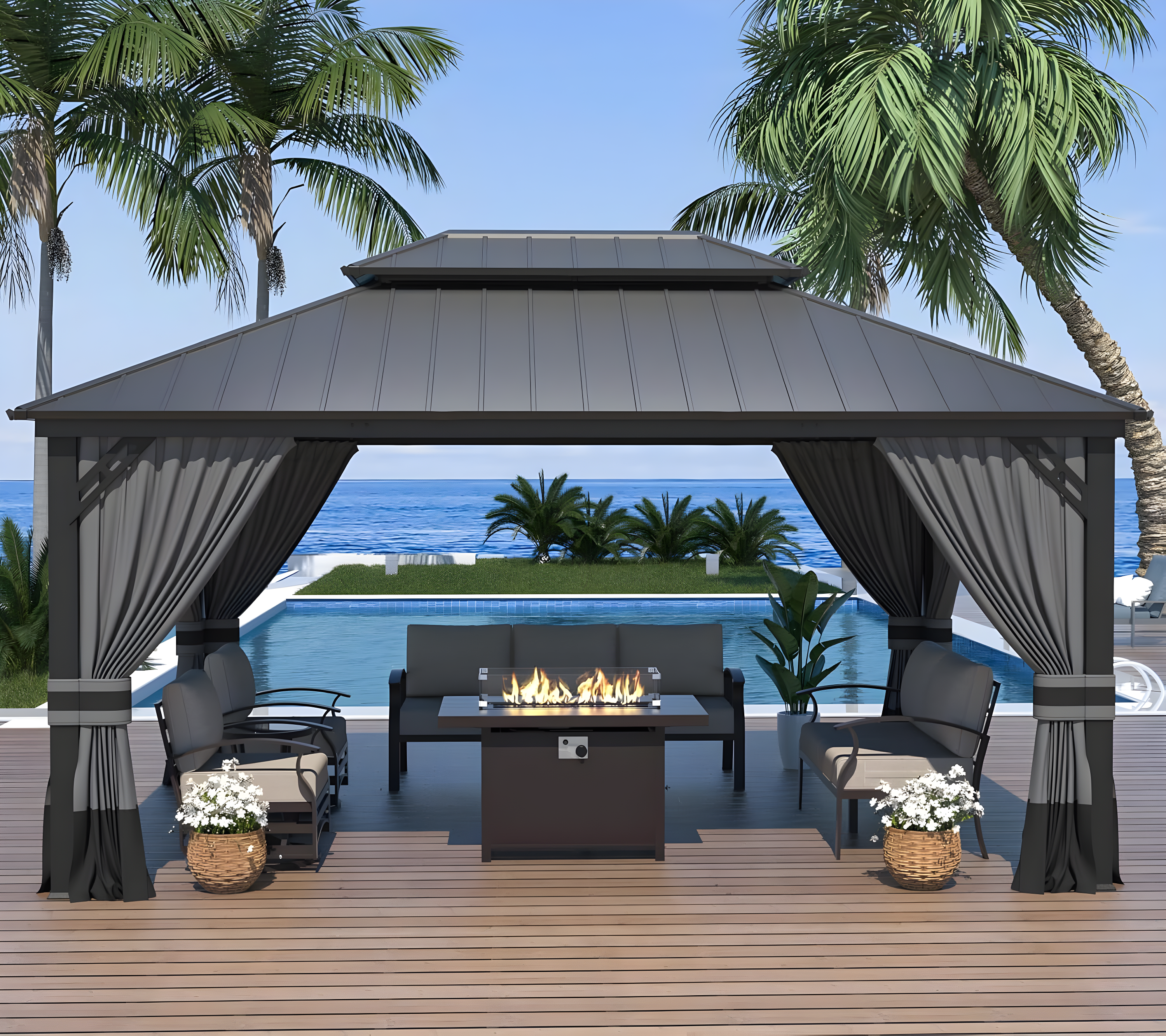 Kozyard Kozyard Alexander Gray Double Roof Hardtop Gazebo with Privacy Curtain Mosquito Netting