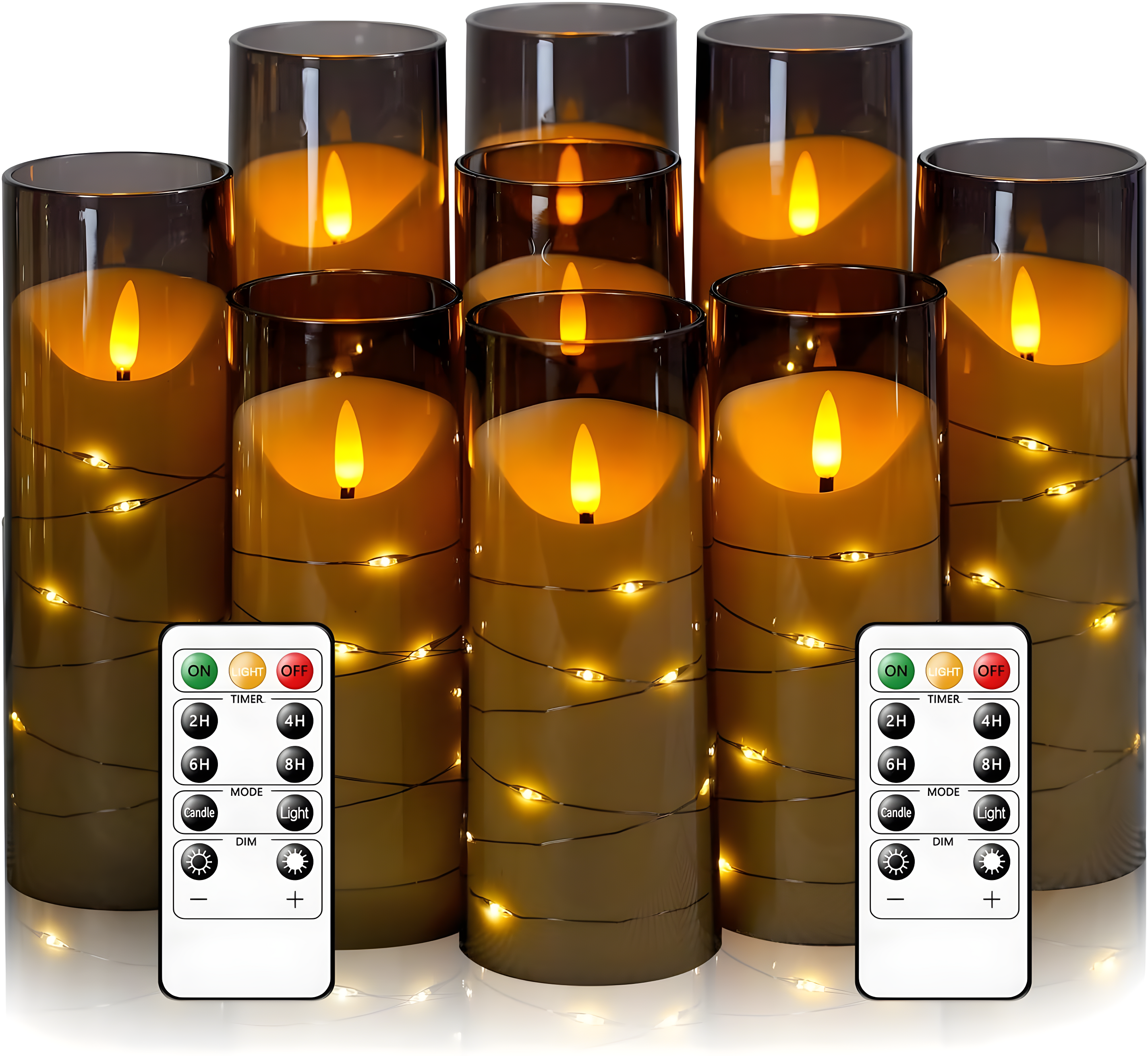Raycare Flameless LED Candles with Embedded Star String, 9 Pcs Battery Operated Acrylic Pillar Candles with Timer and Remote, Flickering for Romantic Ambiance and Home Decoration (Grey)