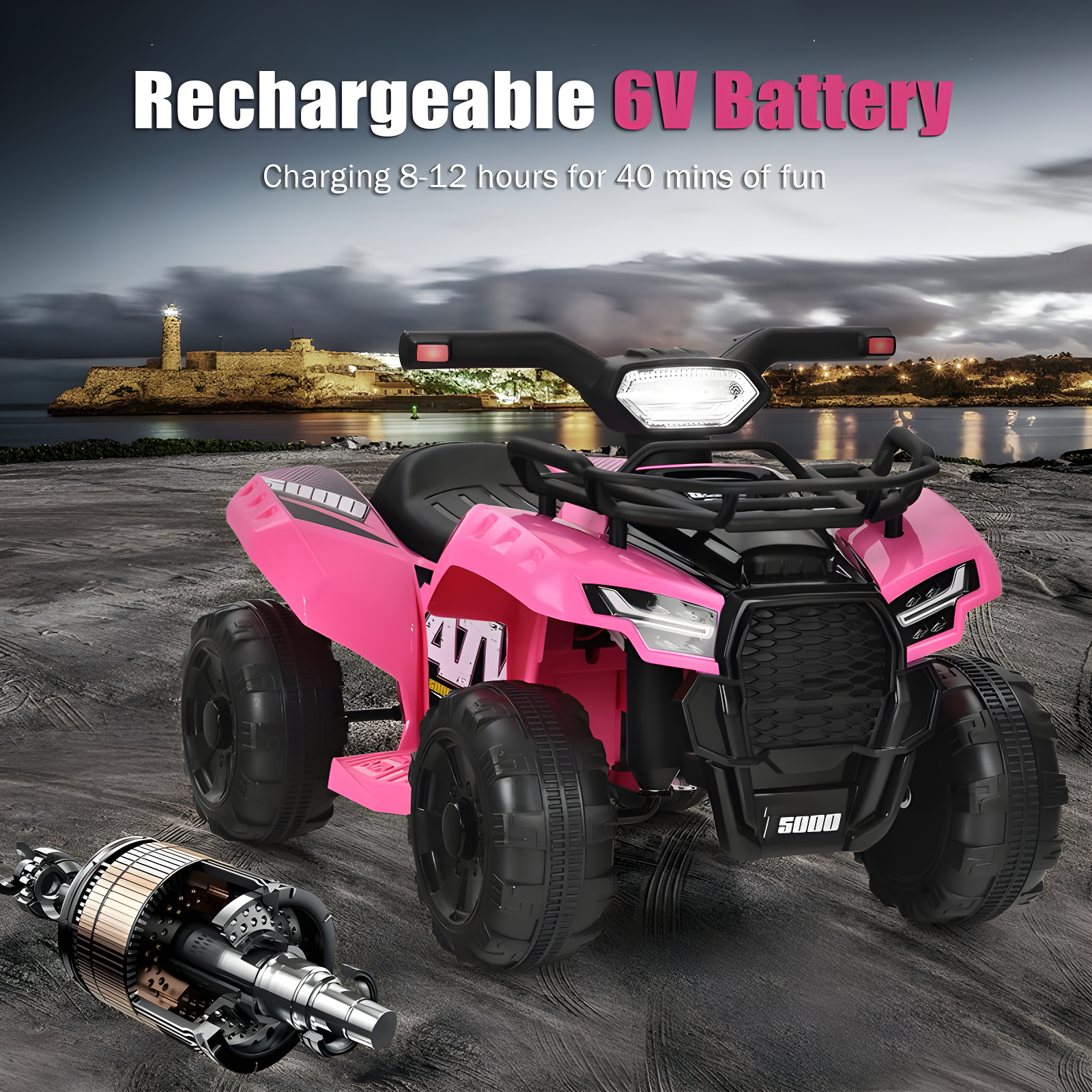 Costway 6V Kids ATV Quad Electric Ride On Car Toy Toddler with LED Light MP3 Pink