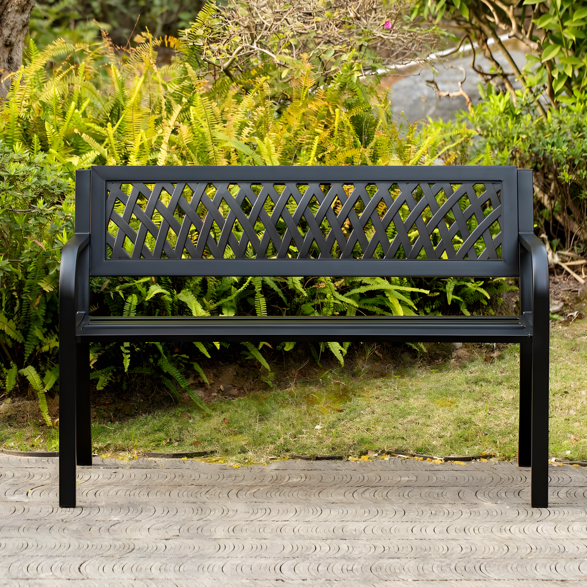 Gardenised Outdoor Steel 47 Park Bench for Yard, Patio, Garden and Deck, Black Weather Resistant Porch Bench, Park Seating