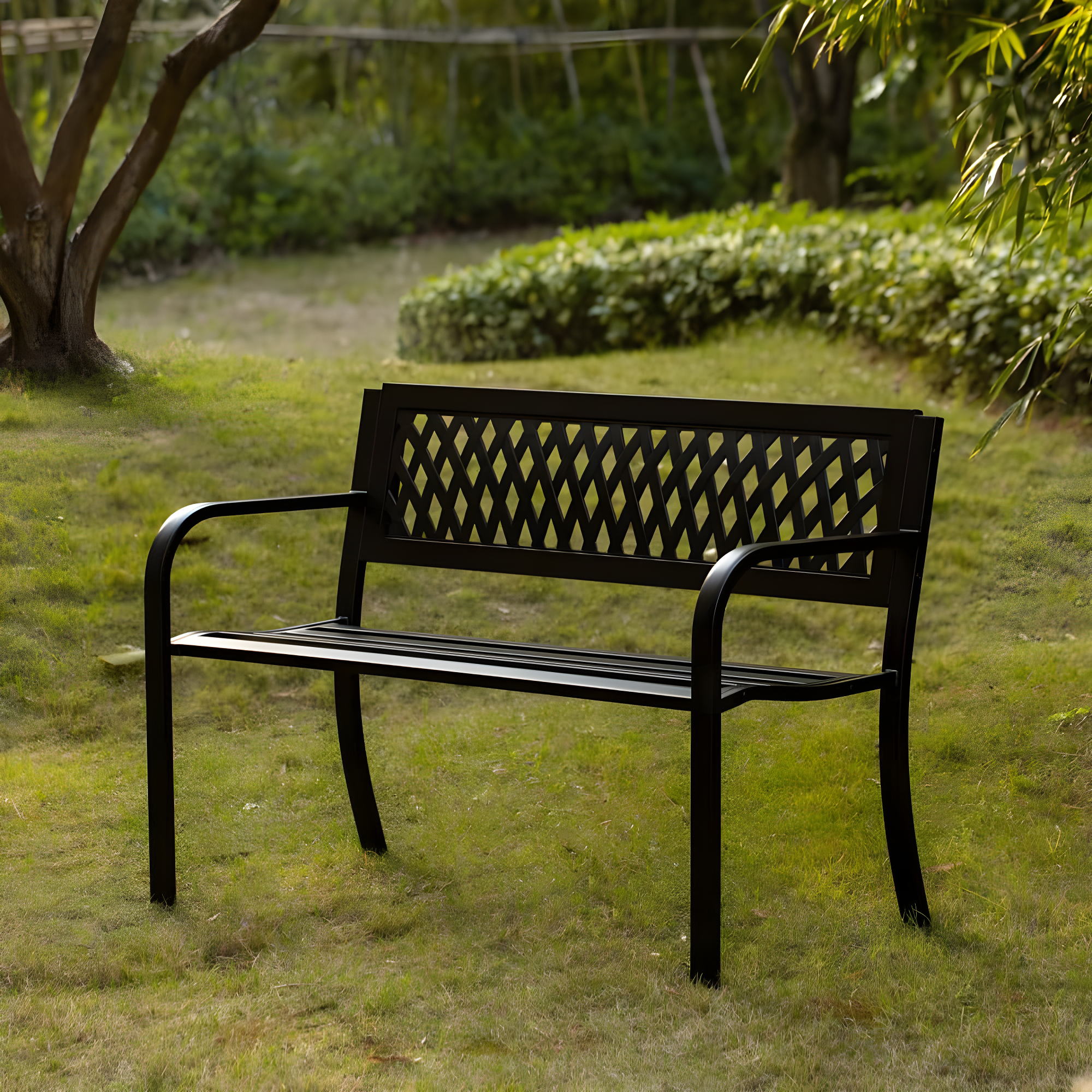 Gardenised Outdoor Steel 47 Park Bench for Yard, Patio, Garden and Deck, Black Weather Resistant Porch Bench, Park Seating