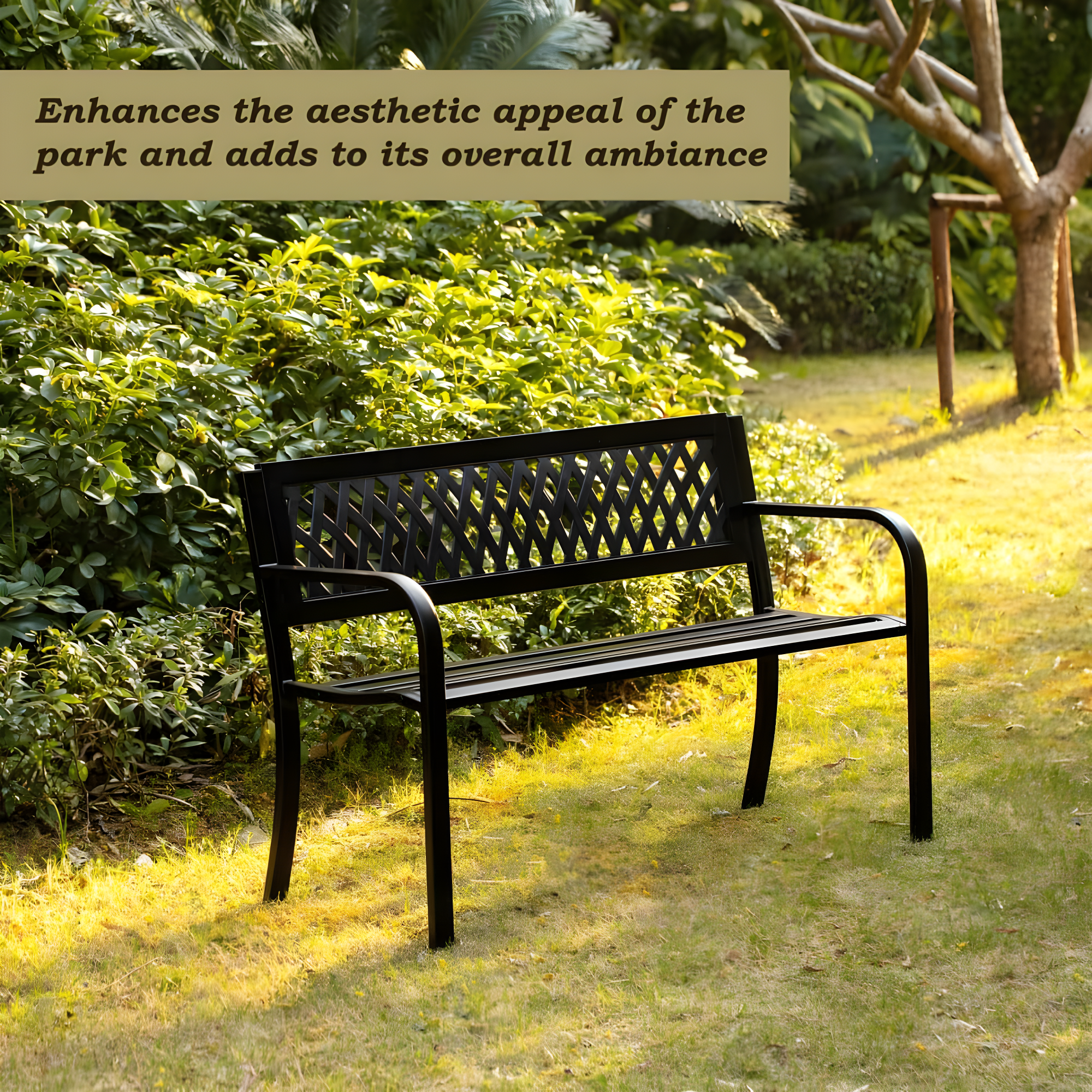 Gardenised Outdoor Steel 47 Park Bench for Yard, Patio, Garden and Deck, Black Weather Resistant Porch Bench, Park Seating