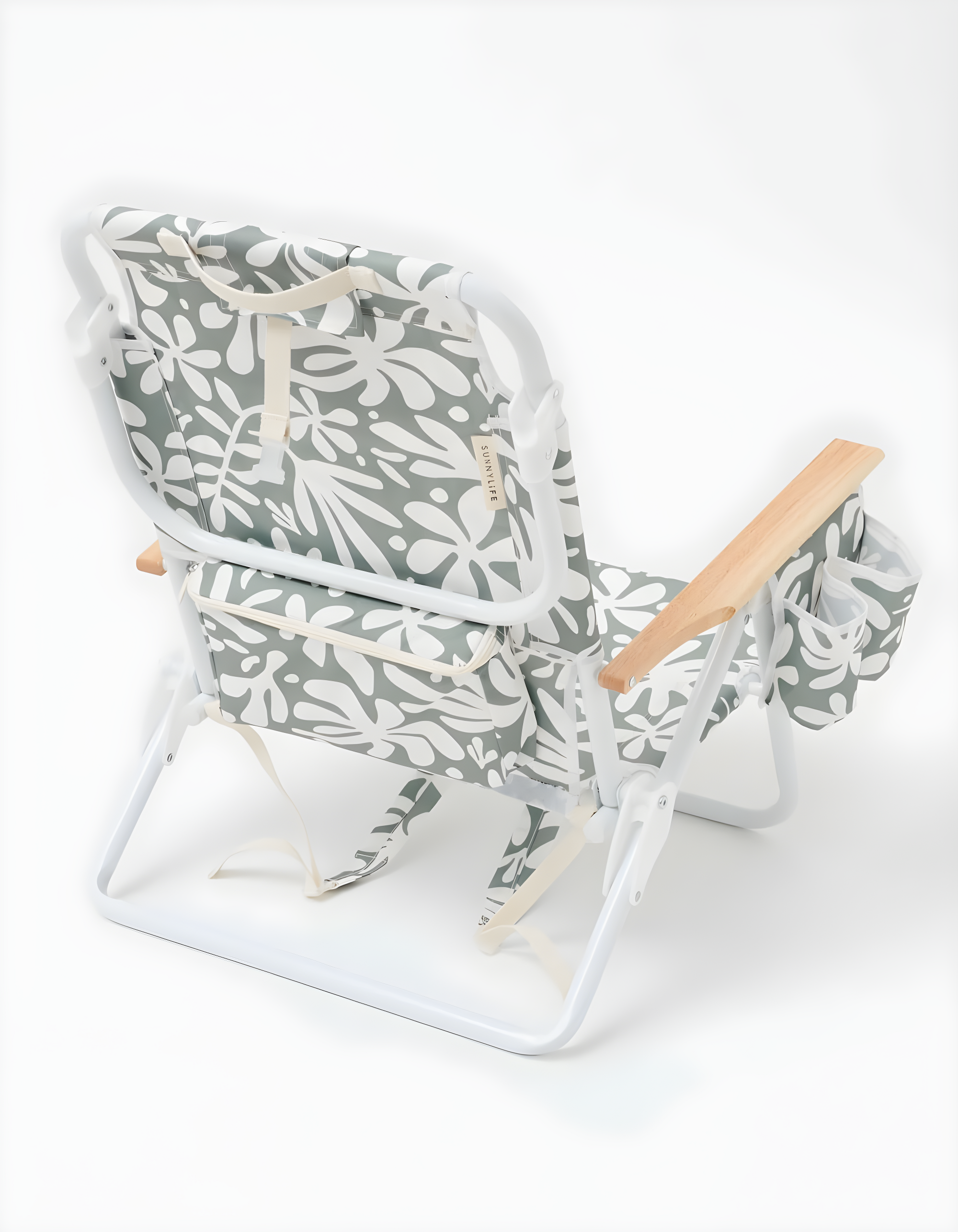 Sunnylife Reclining Beach Chair - The Vacay Olive. Converts from Backpack to Folding seat, with 5 Reclining Positions, Insulated Cooler Pocket and Adjustable Straps for Easy Carrying