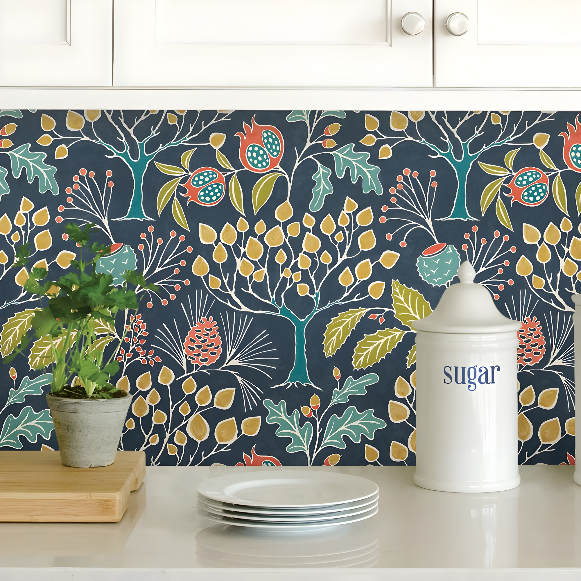NuWallpaper Groovy Garden Navy Vinyl Peel And Stick Wallpaper, 216-in by 20.5-in, 30.75 Sq. ft. 1 count