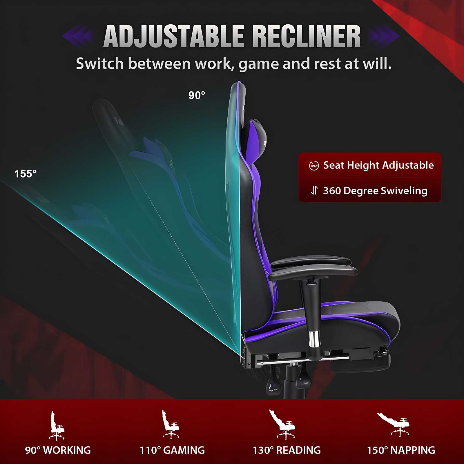 GTRACING Gaming Chair Office Chair PU Leather with Footrest & Adjustable Headrest, PURPLE