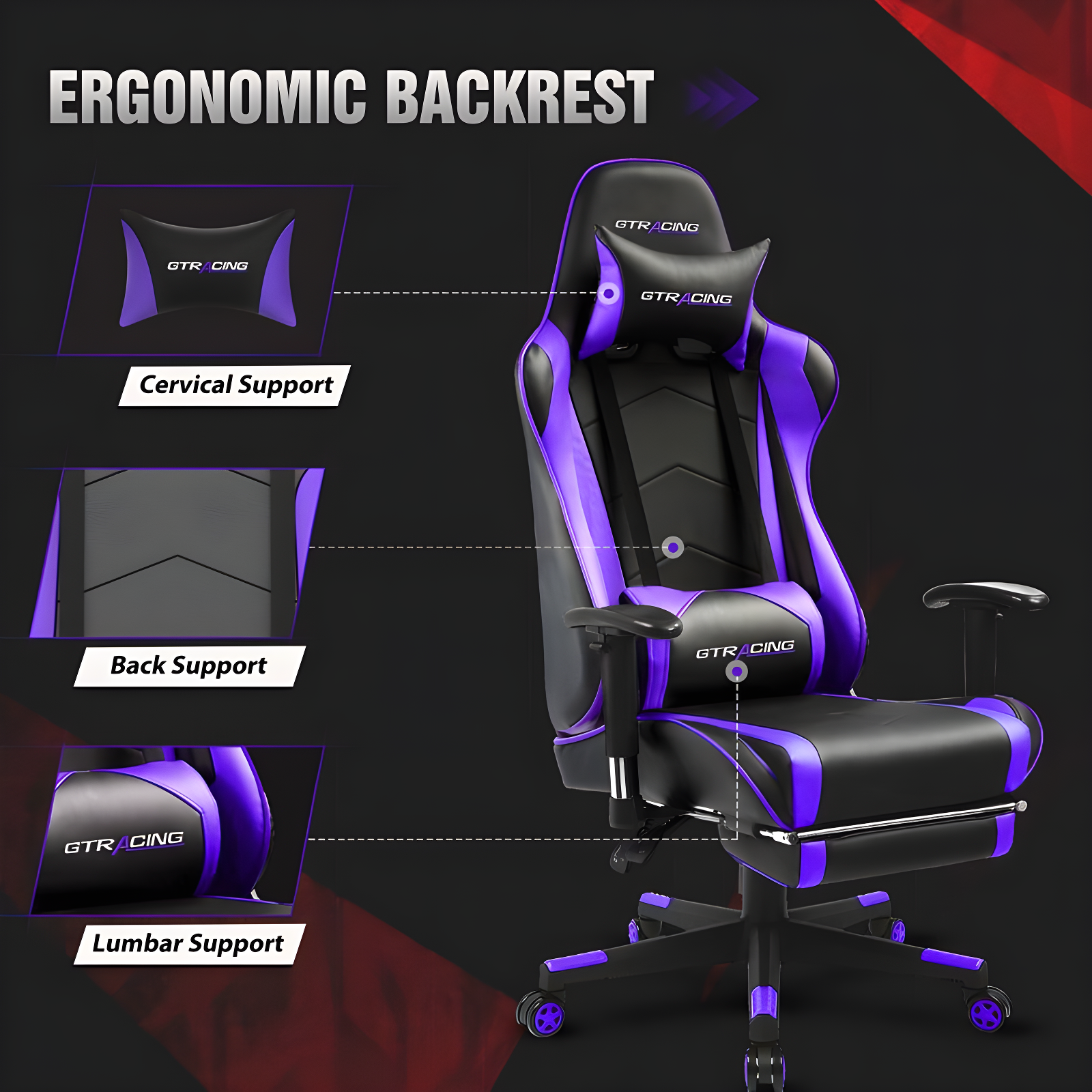 GTRACING Gaming Chair Office Chair PU Leather with Footrest & Adjustable Headrest, PURPLE