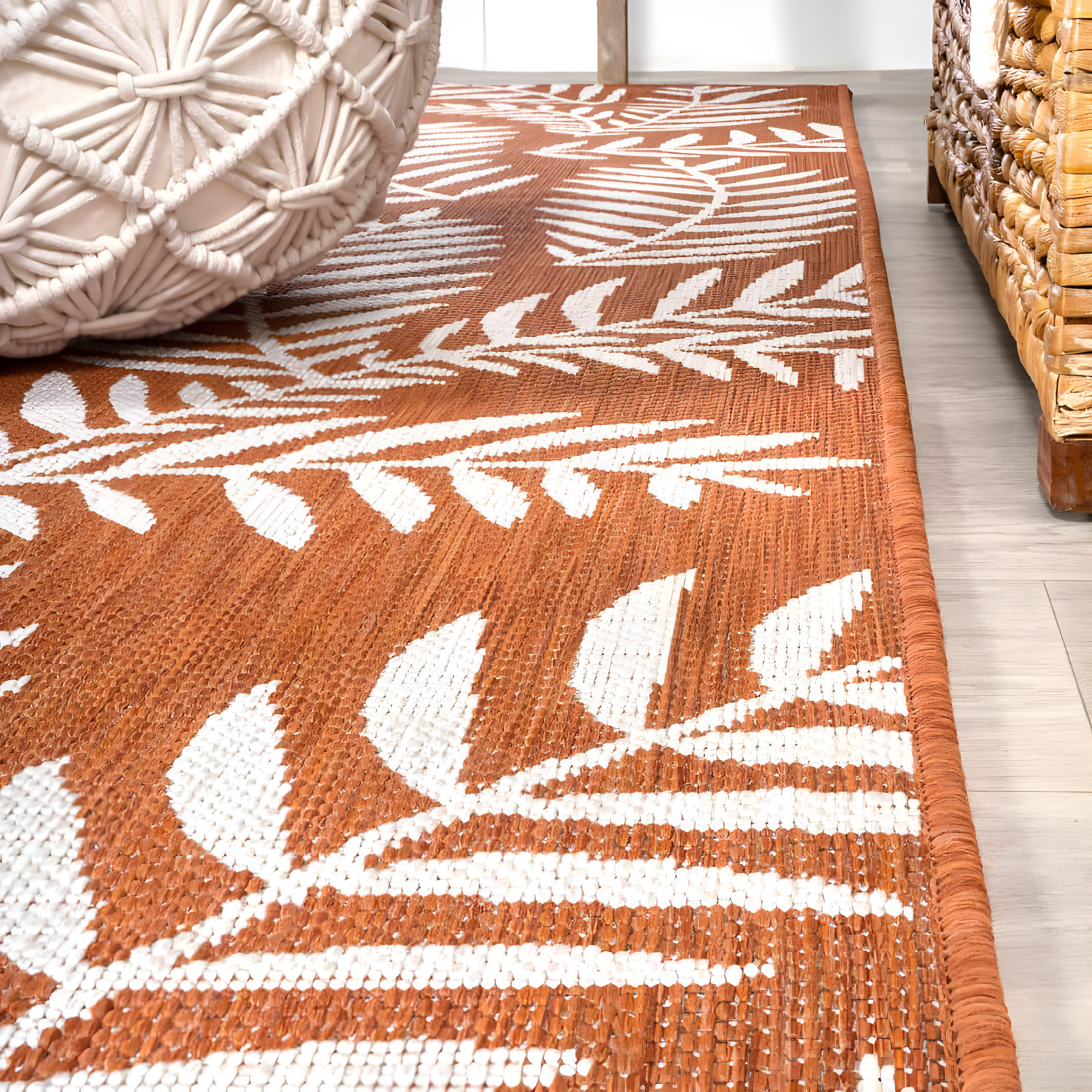 2' x 8' Nevis Palm Frond Indoor/Outdoor Runner Rug, Orange/Cream - JONATHAN Y