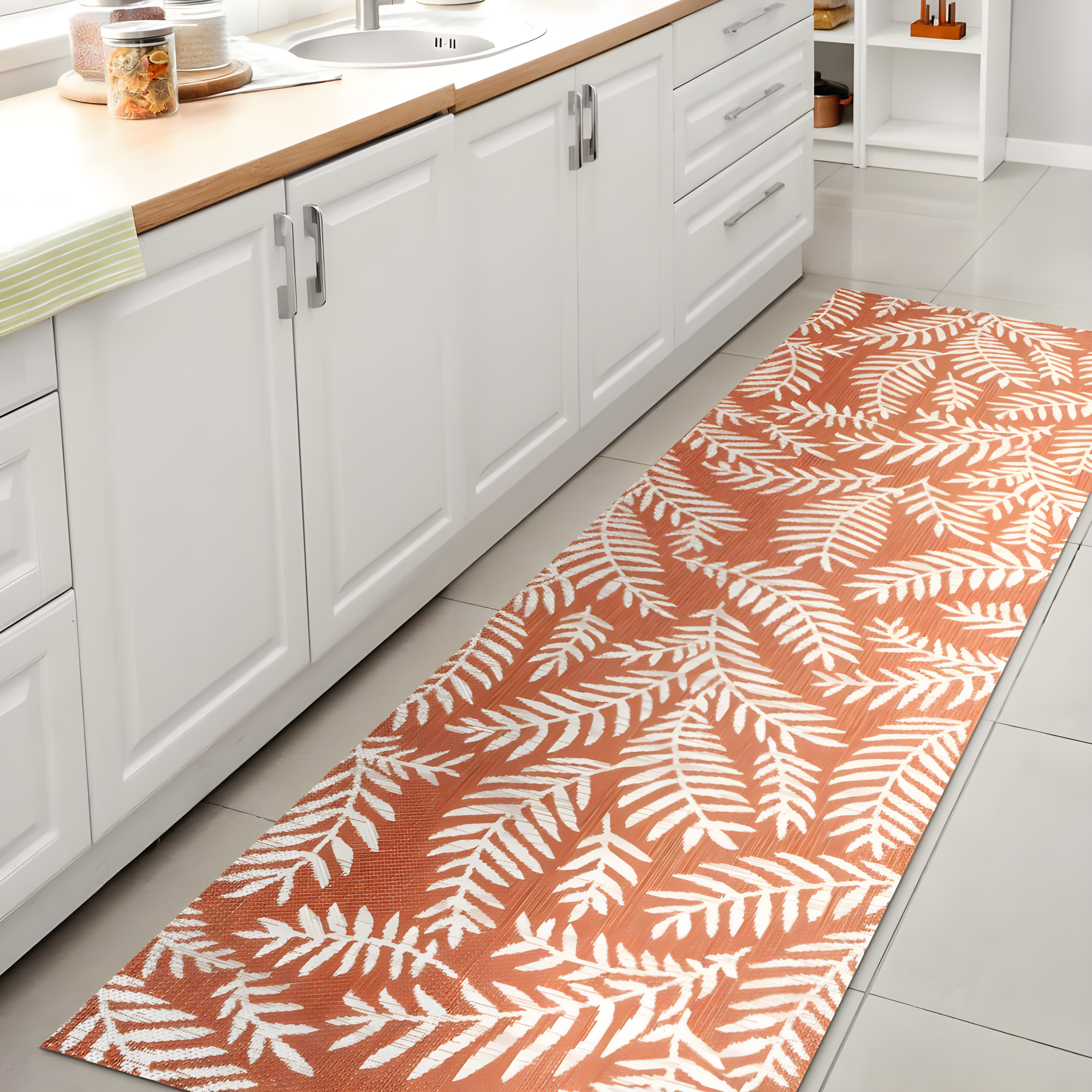 2' x 8' Nevis Palm Frond Indoor/Outdoor Runner Rug, Orange/Cream - JONATHAN Y
