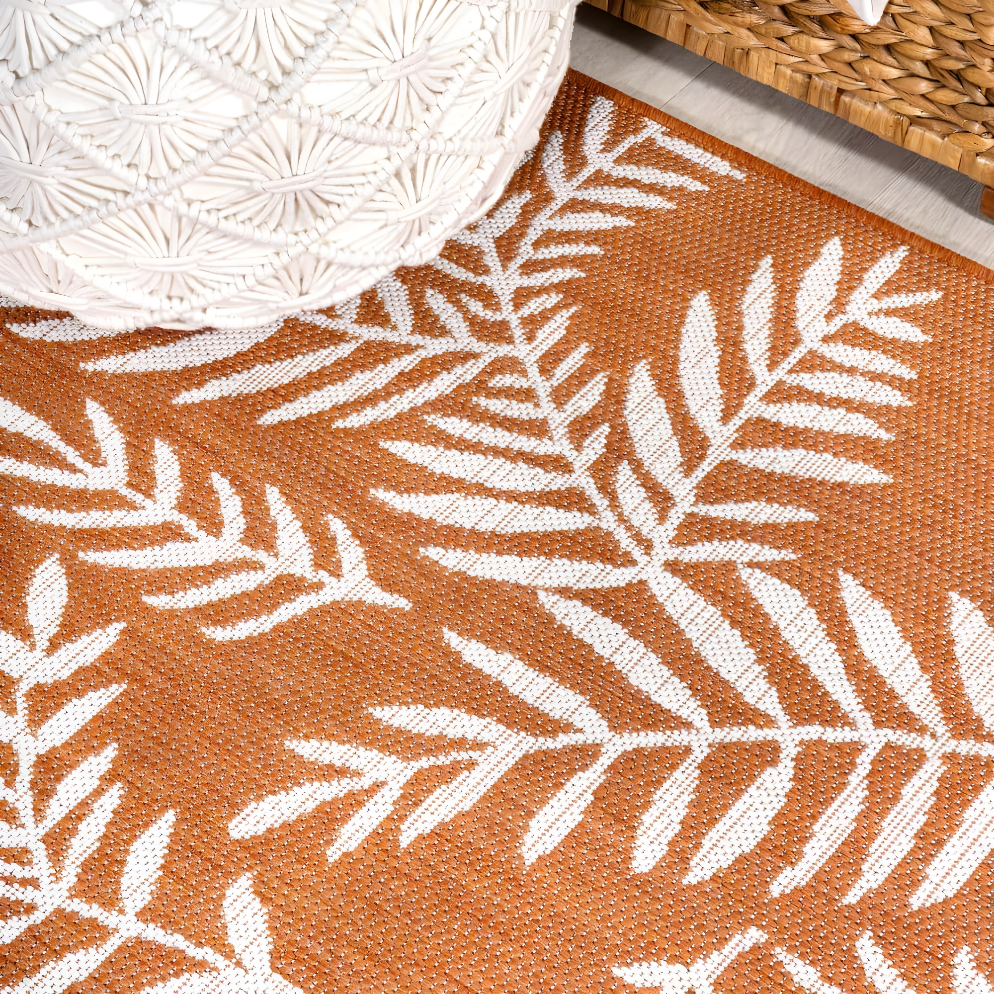 2' x 8' Nevis Palm Frond Indoor/Outdoor Runner Rug, Orange/Cream - JONATHAN Y