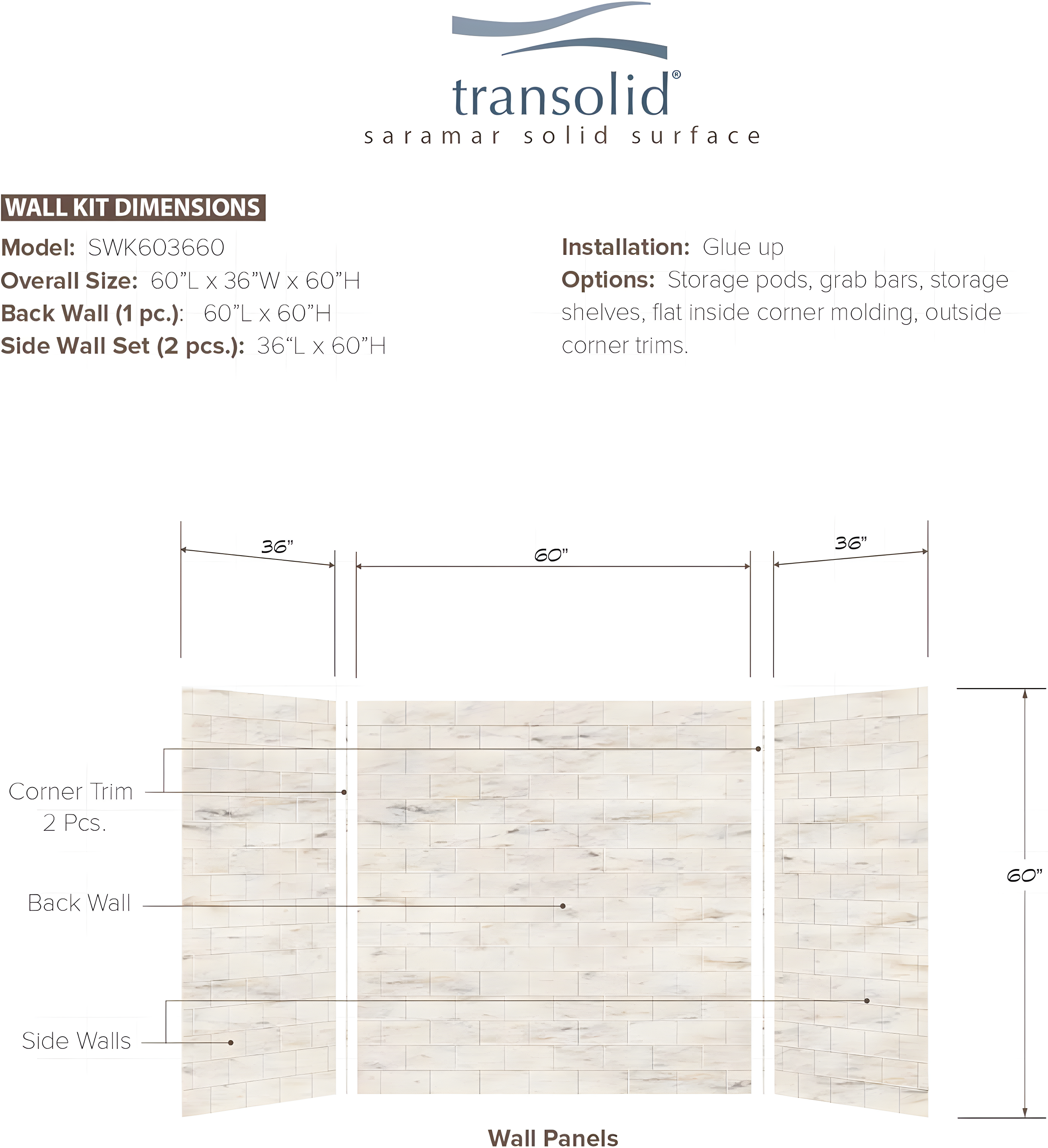 Transolid SaraMar 60'' W 36'' D 60'' H Glue Up Solid Surface Wall